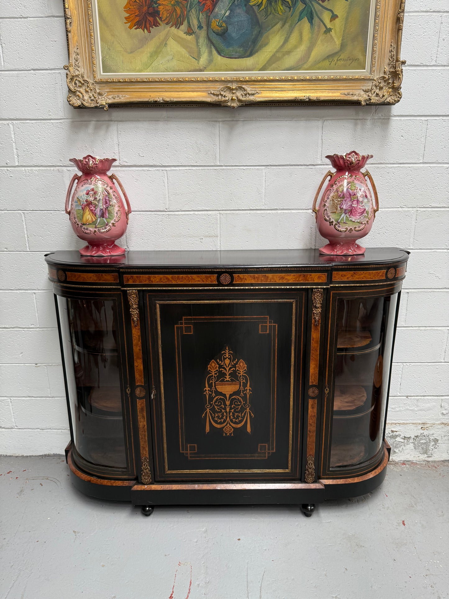 19th Century French Ebonized & Marquetry Inlaid Credenza