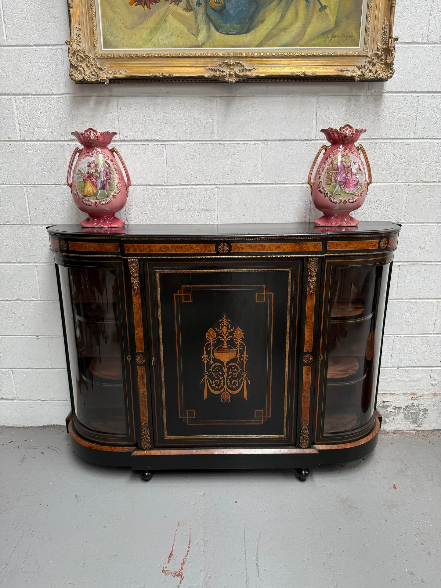 19th Century French Ebonized & Marquetry Inlaid Credenza