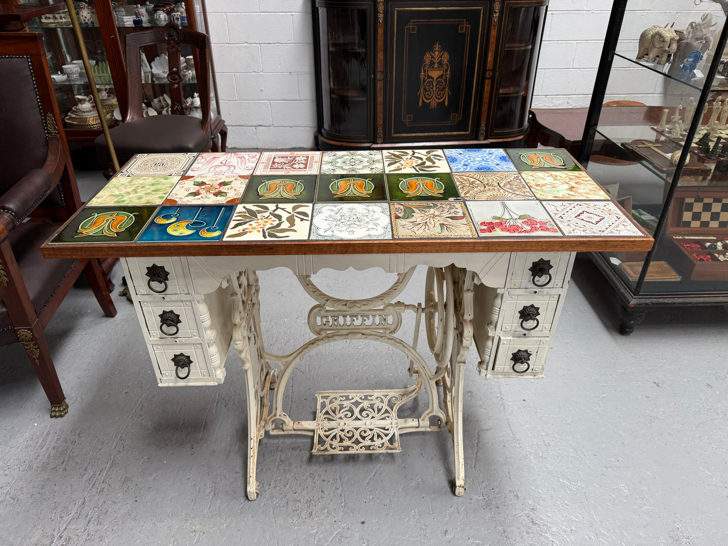 Unique Antique Tiled Top Griffin Sewing Machine Base Table