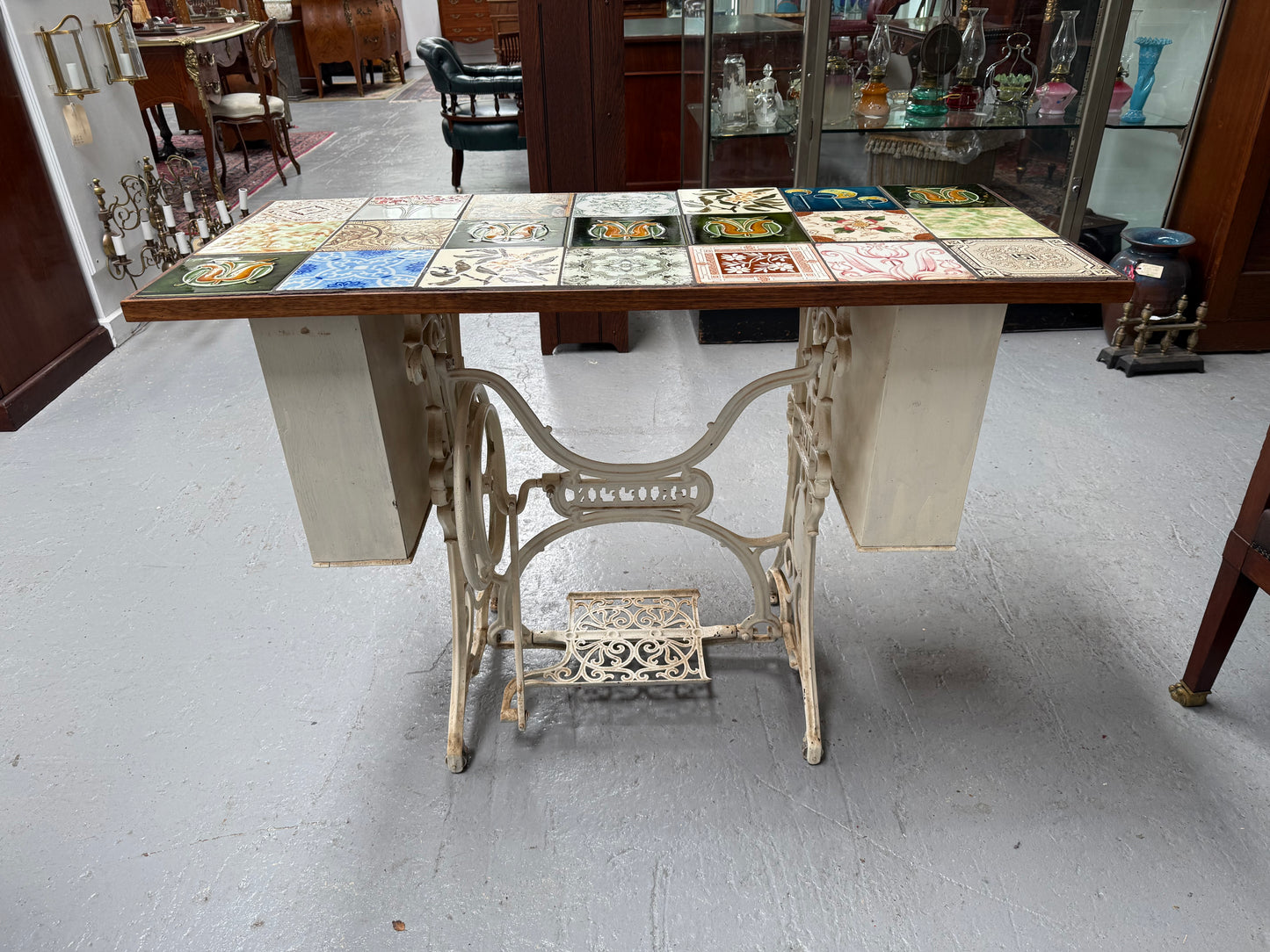 Unique Antique Tiled Top Griffin Sewing Machine Base Table