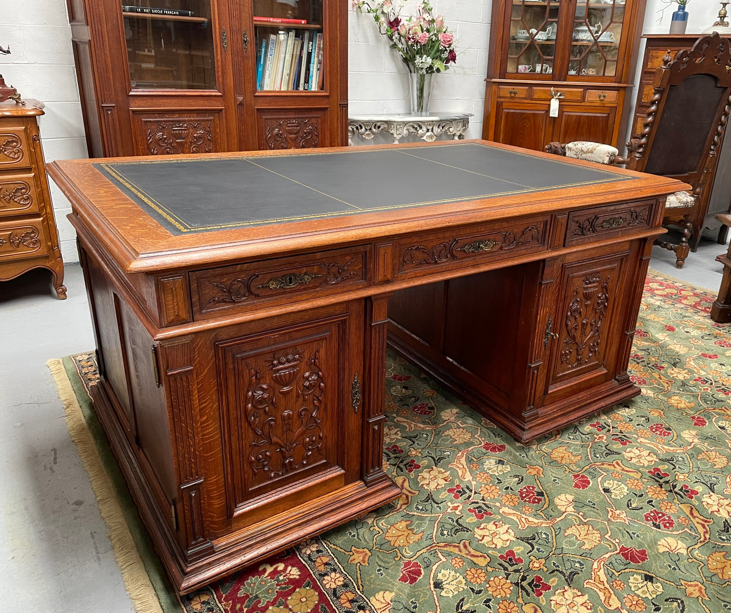 French Oak Renaissance Style Leather Top Twin Pedestal Desk