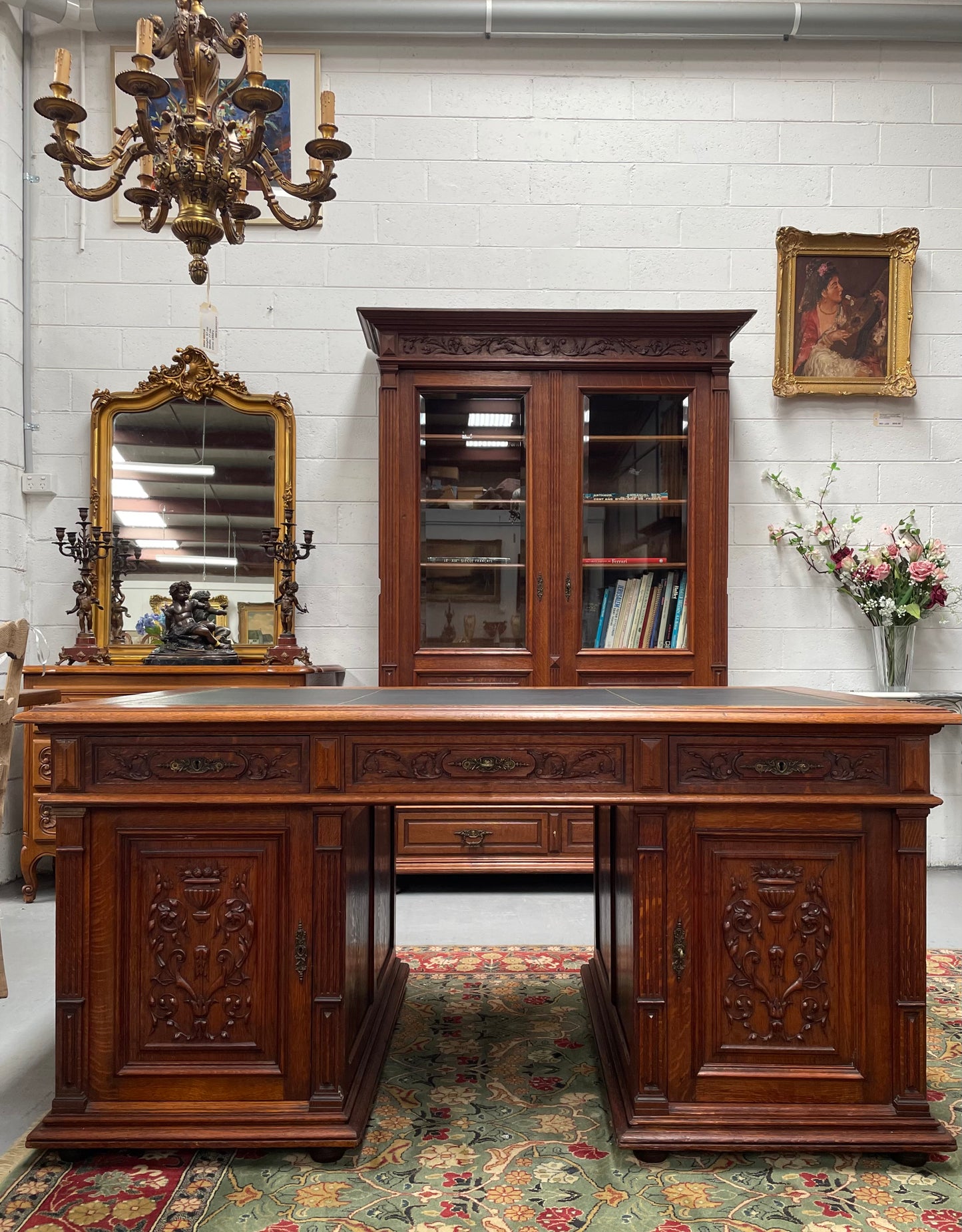 French Oak Renaissance Style Leather Top Twin Pedestal Desk