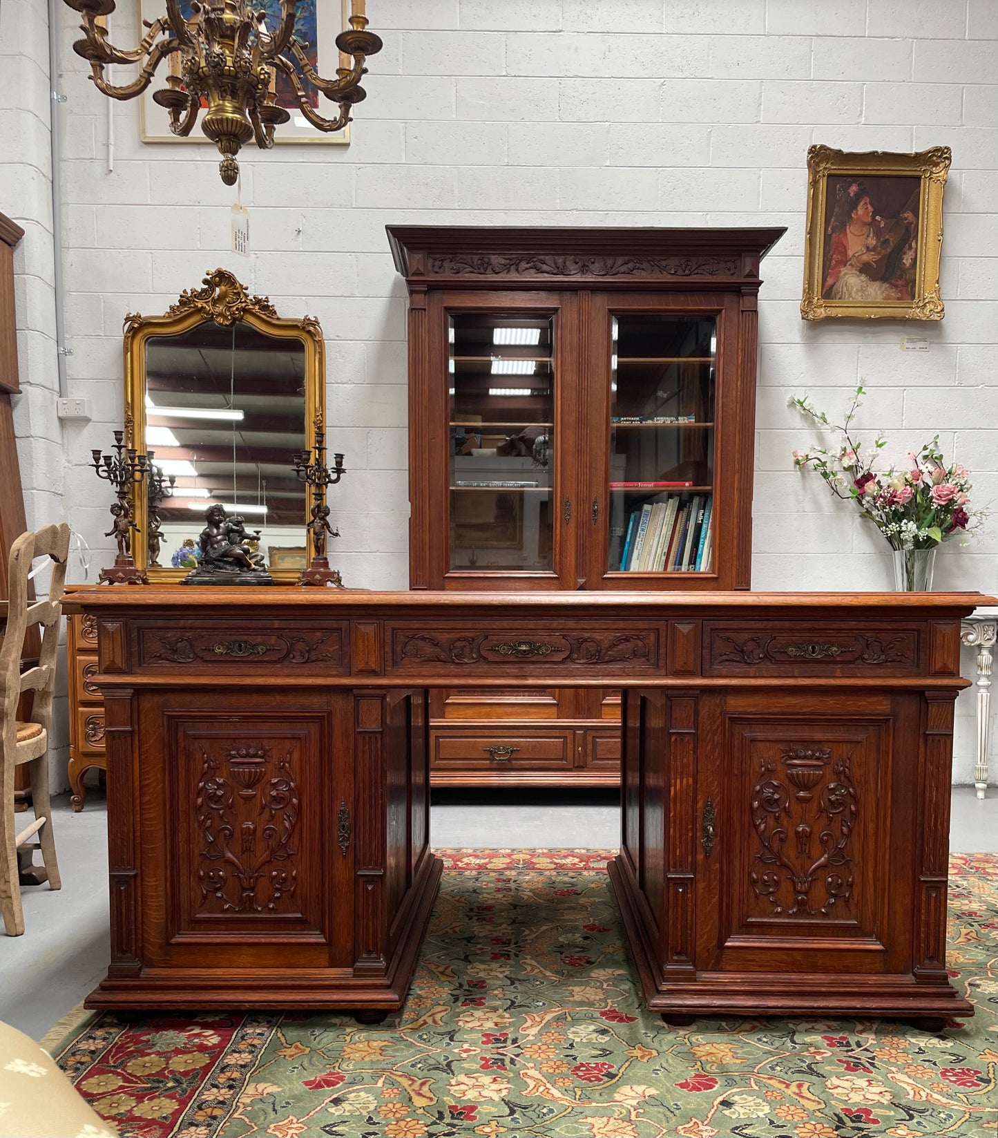 French Oak Renaissance Style Leather Top Twin Pedestal Desk