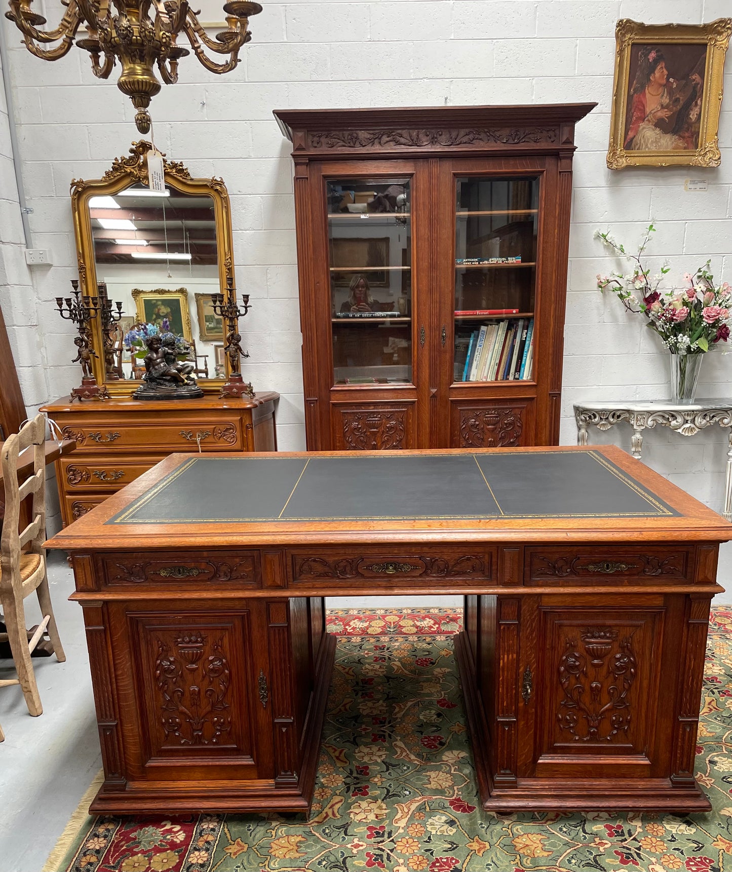 French Oak Renaissance Style Leather Top Twin Pedestal Desk