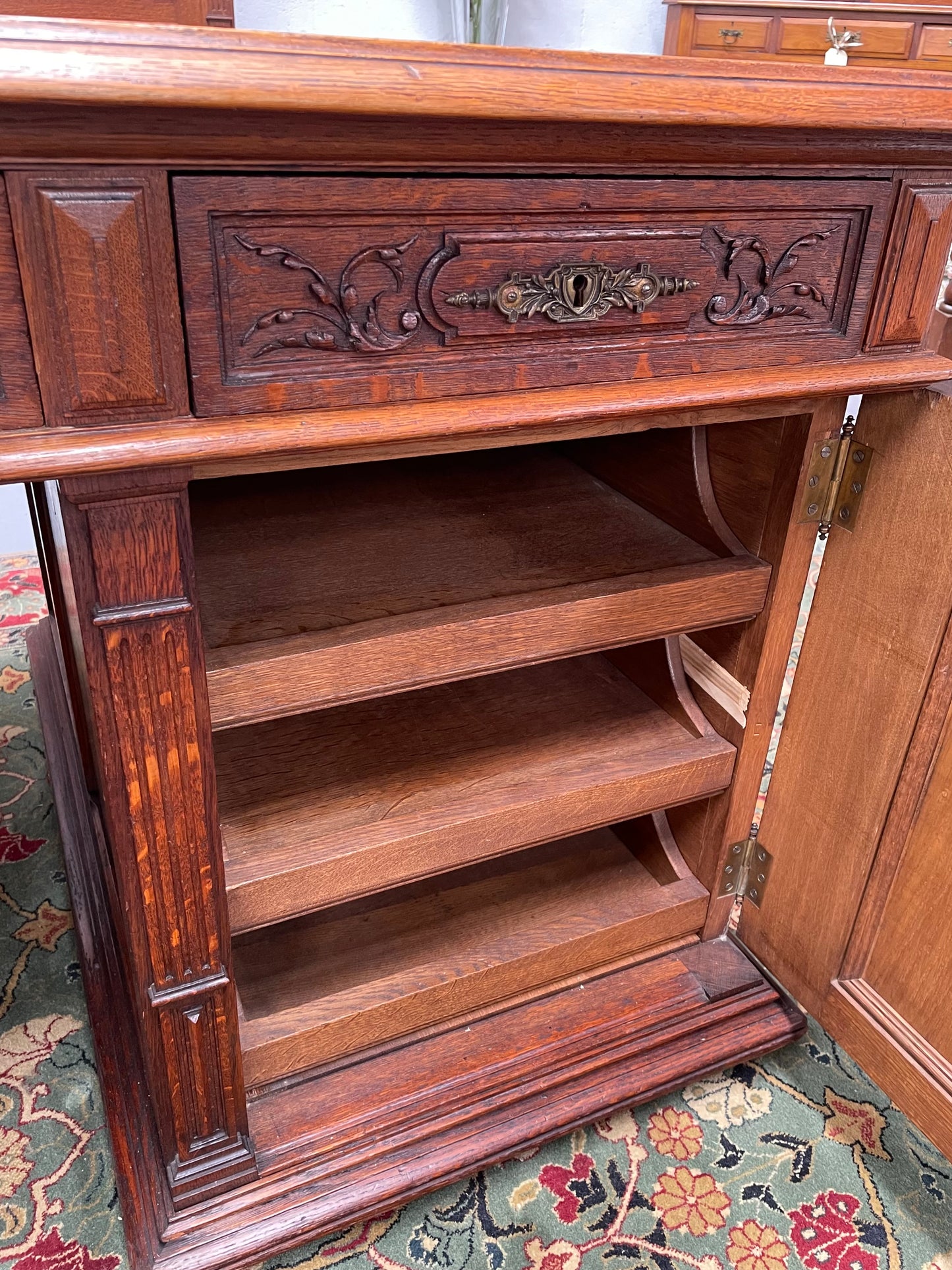 French Oak Renaissance Style Leather Top Twin Pedestal Desk