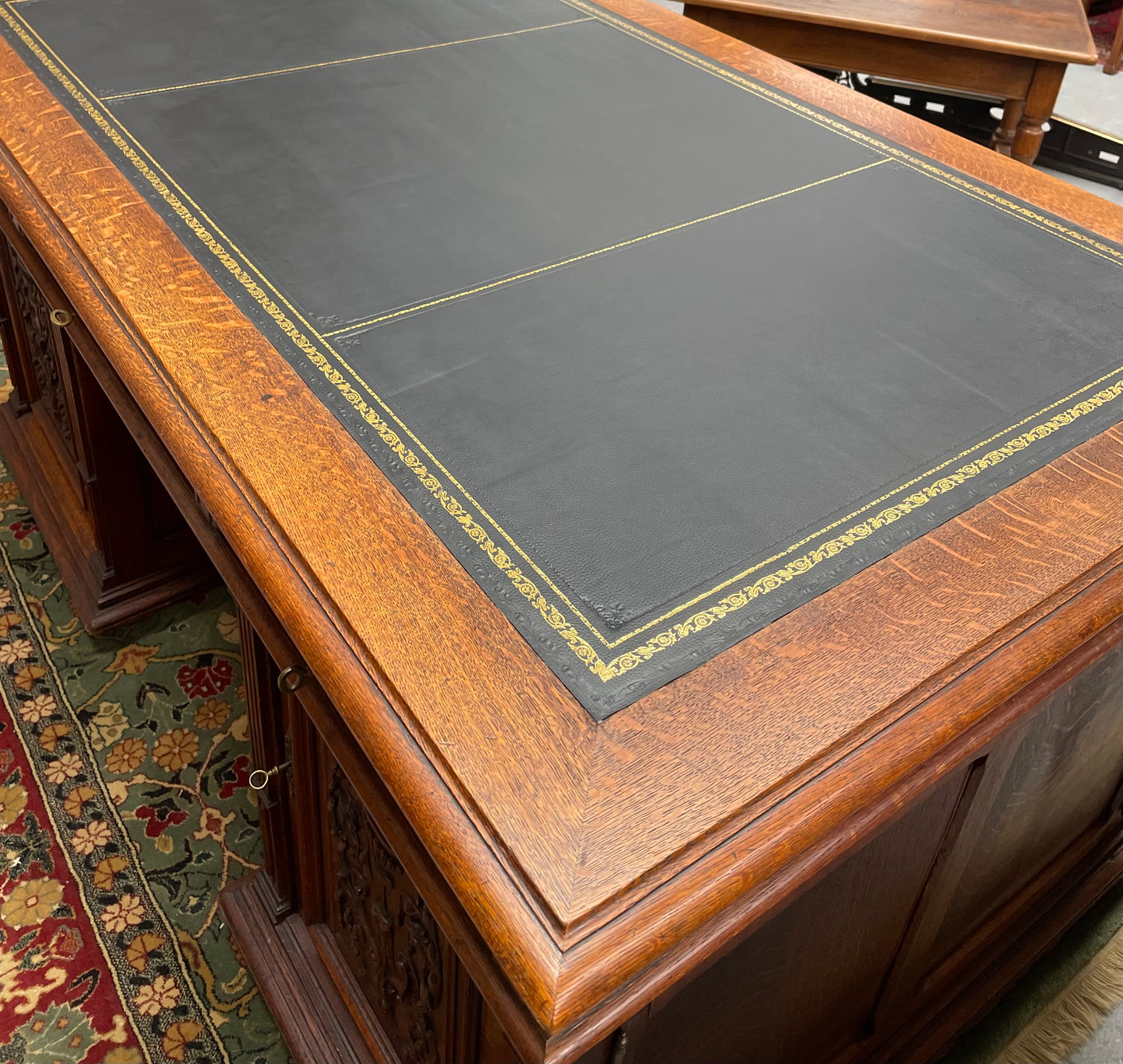 French Oak Renaissance Style Leather Top Twin Pedestal Desk