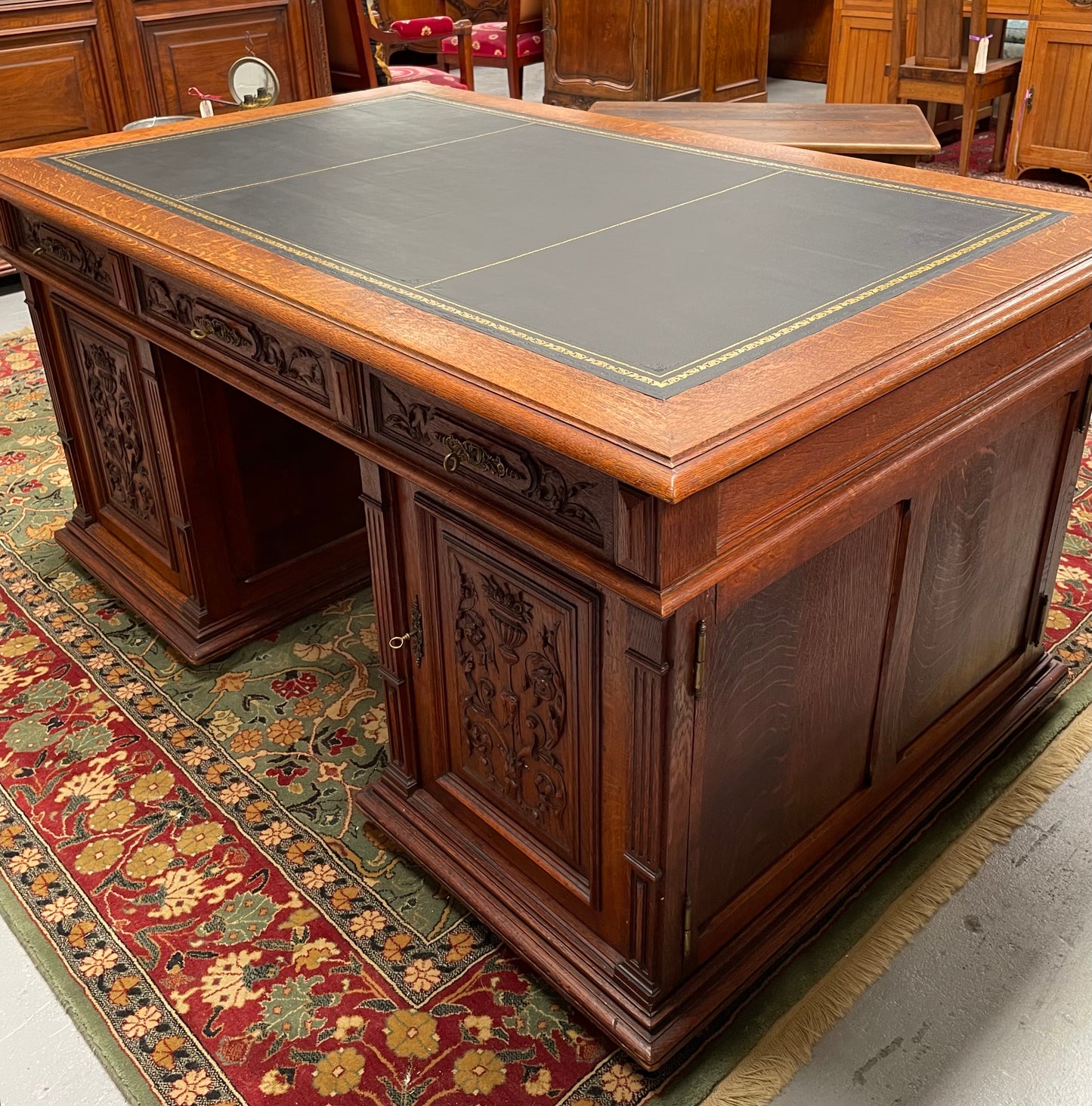 French Oak Renaissance Style Leather Top Twin Pedestal Desk