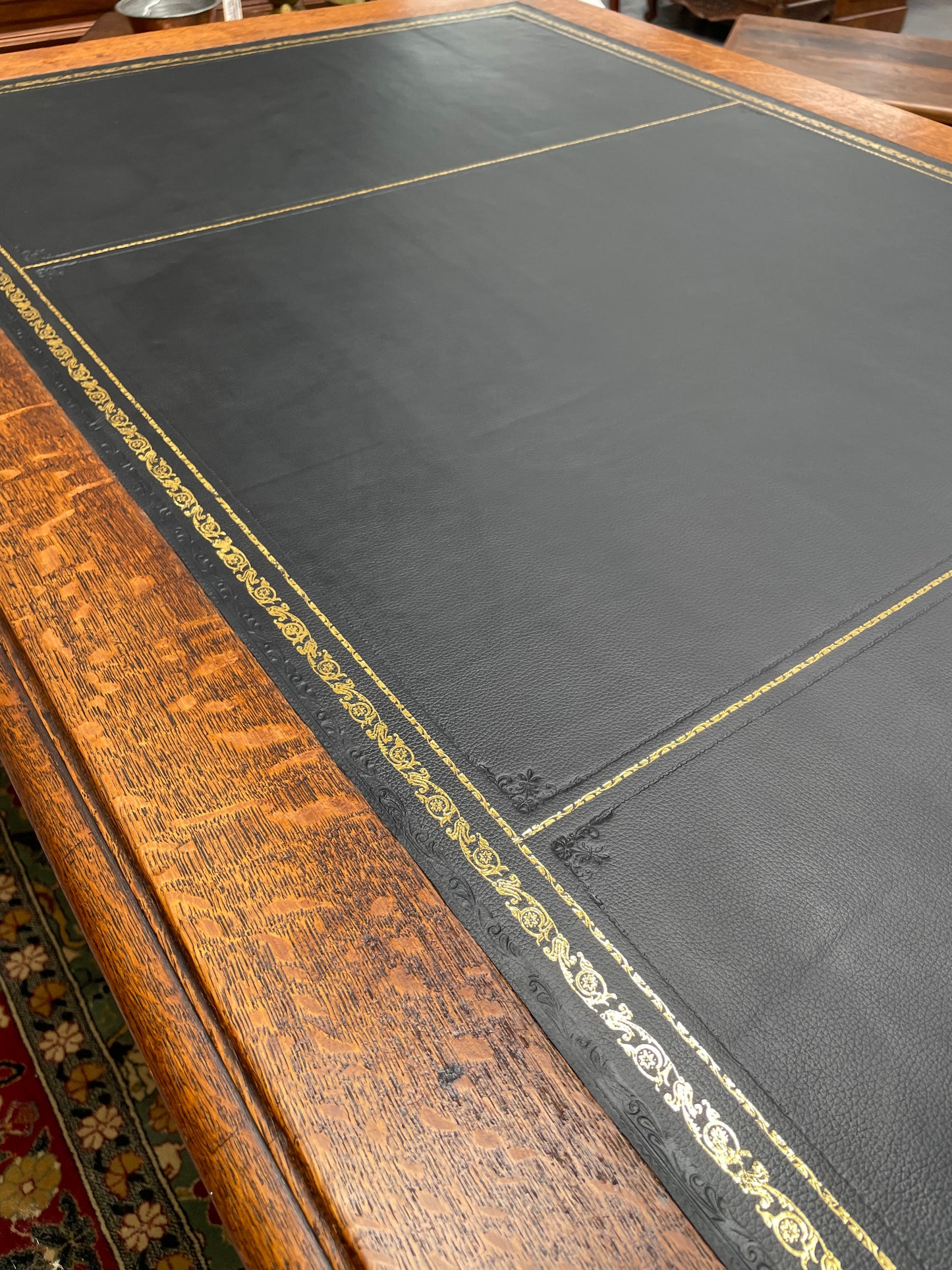 French Oak Renaissance Style Leather Top Twin Pedestal Desk
