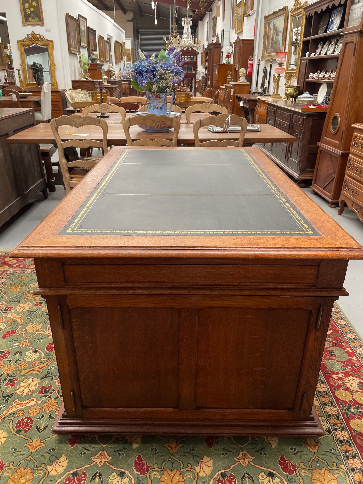 French Oak Renaissance Style Leather Top Twin Pedestal Desk
