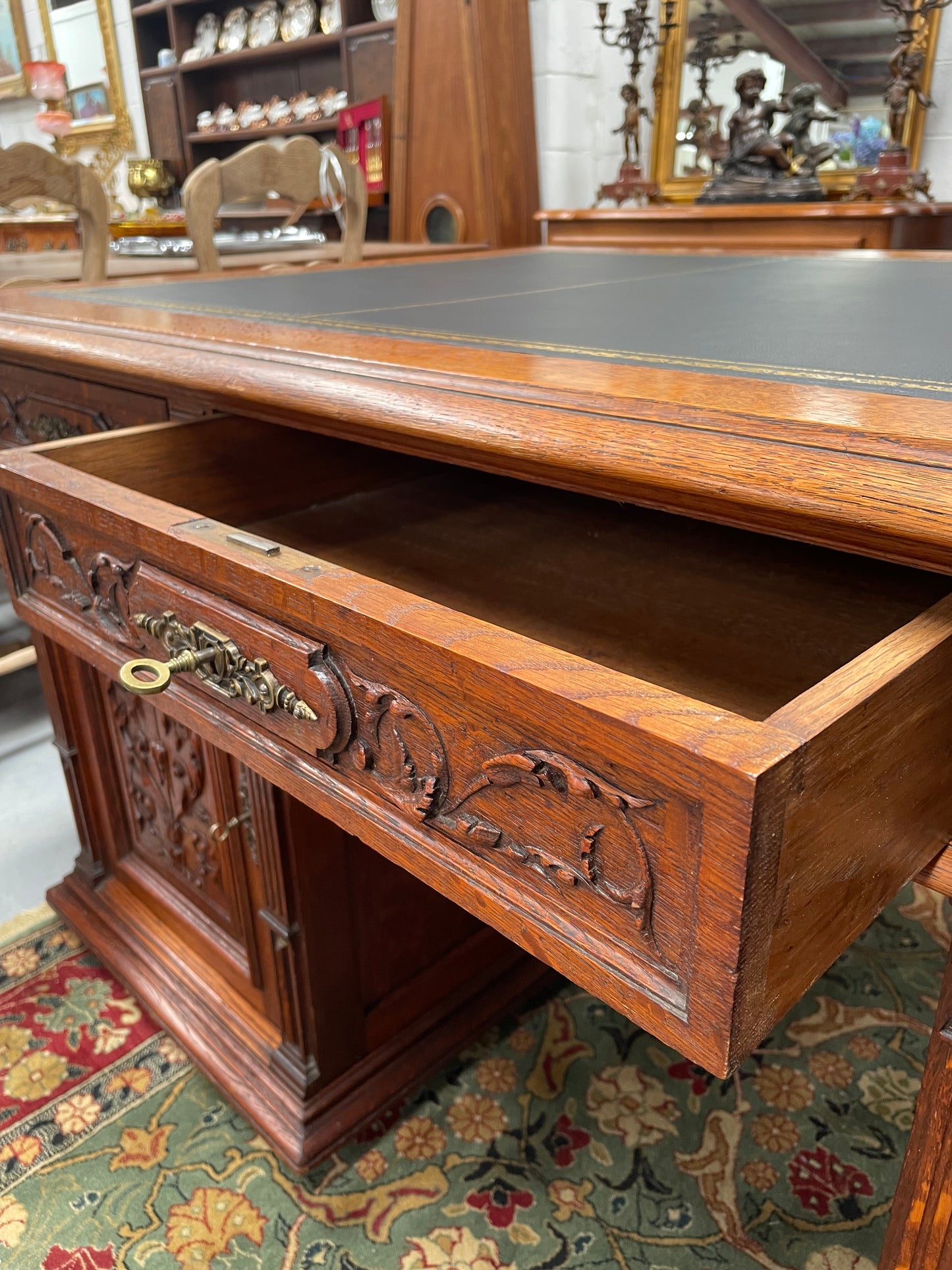 French Oak Renaissance Style Leather Top Twin Pedestal Desk