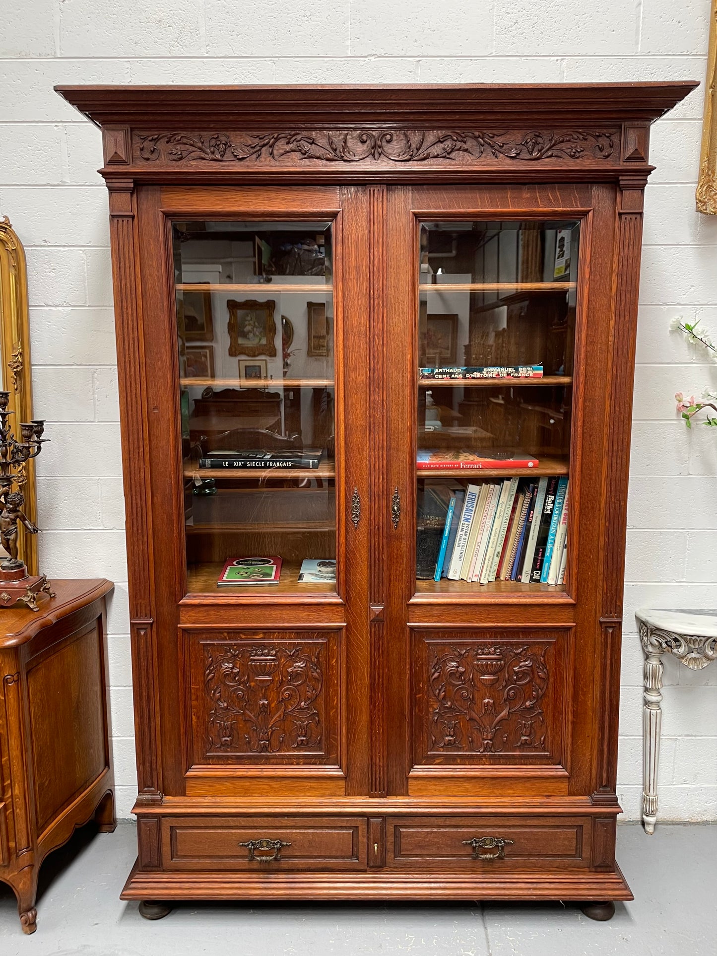 French Oak Renaissance Style Two Door Bookcase