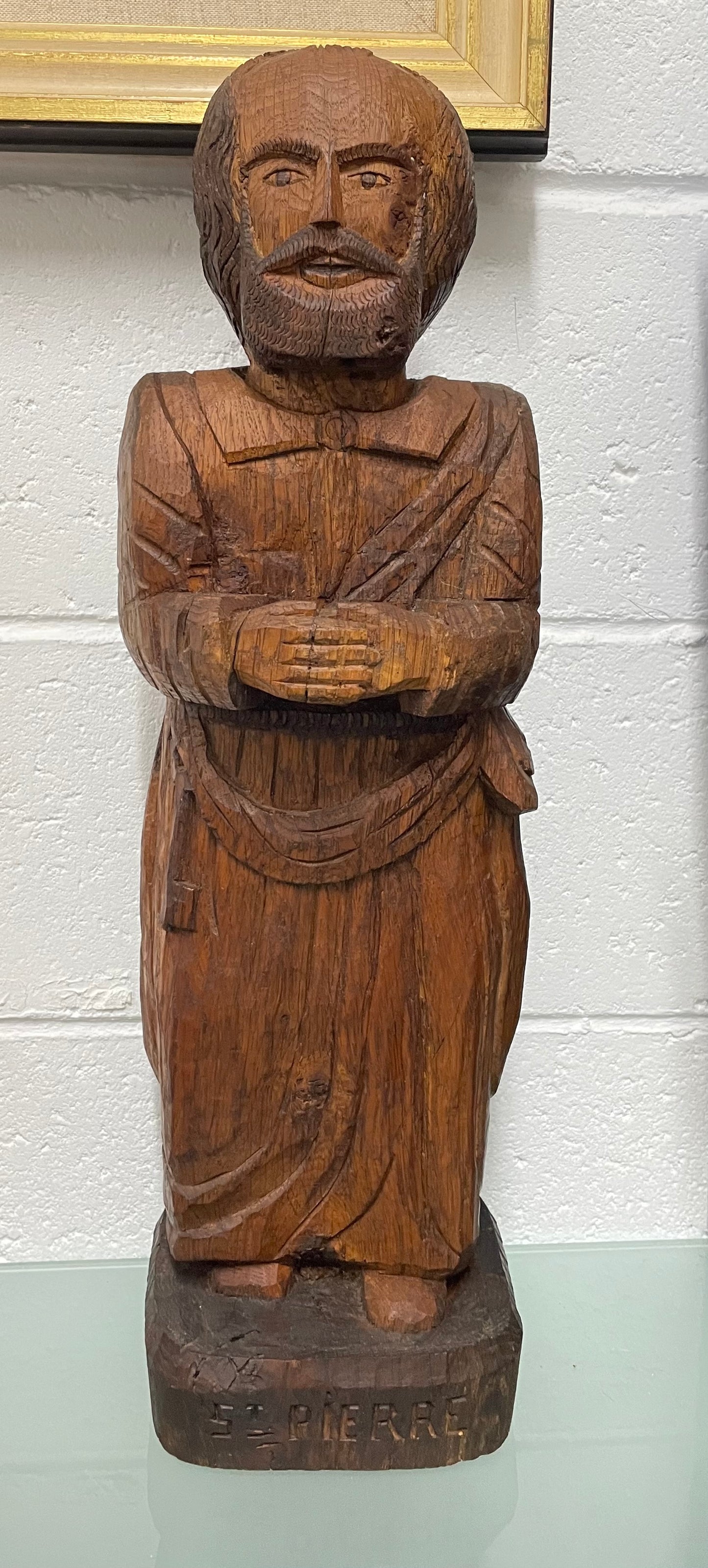 Hand Carved Antique Religious Wooden Statue of St. Pierre