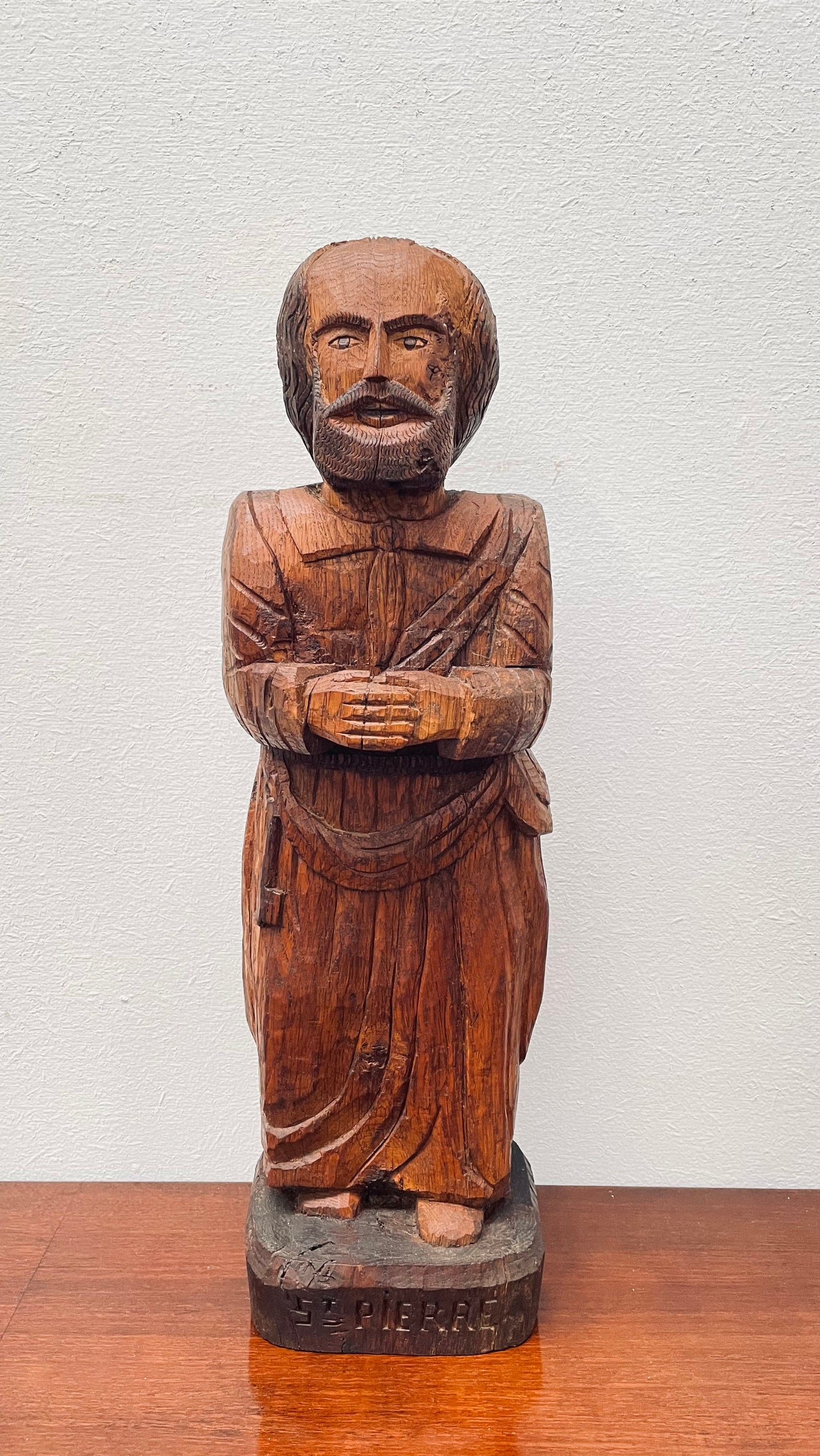 Hand Carved Antique Religious Wooden Statue of St. Pierre