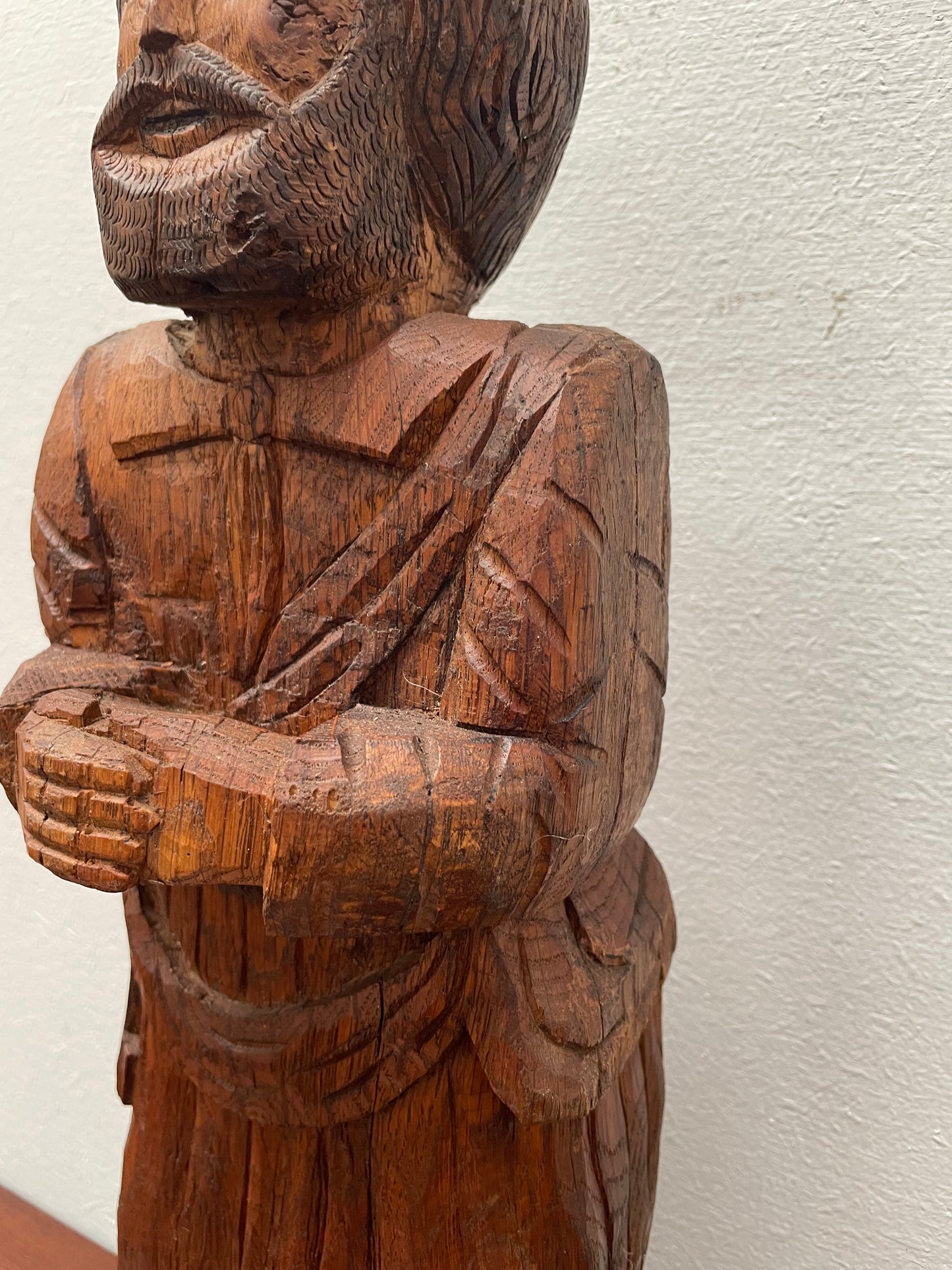 Hand Carved Antique Religious Wooden Statue of St. Pierre