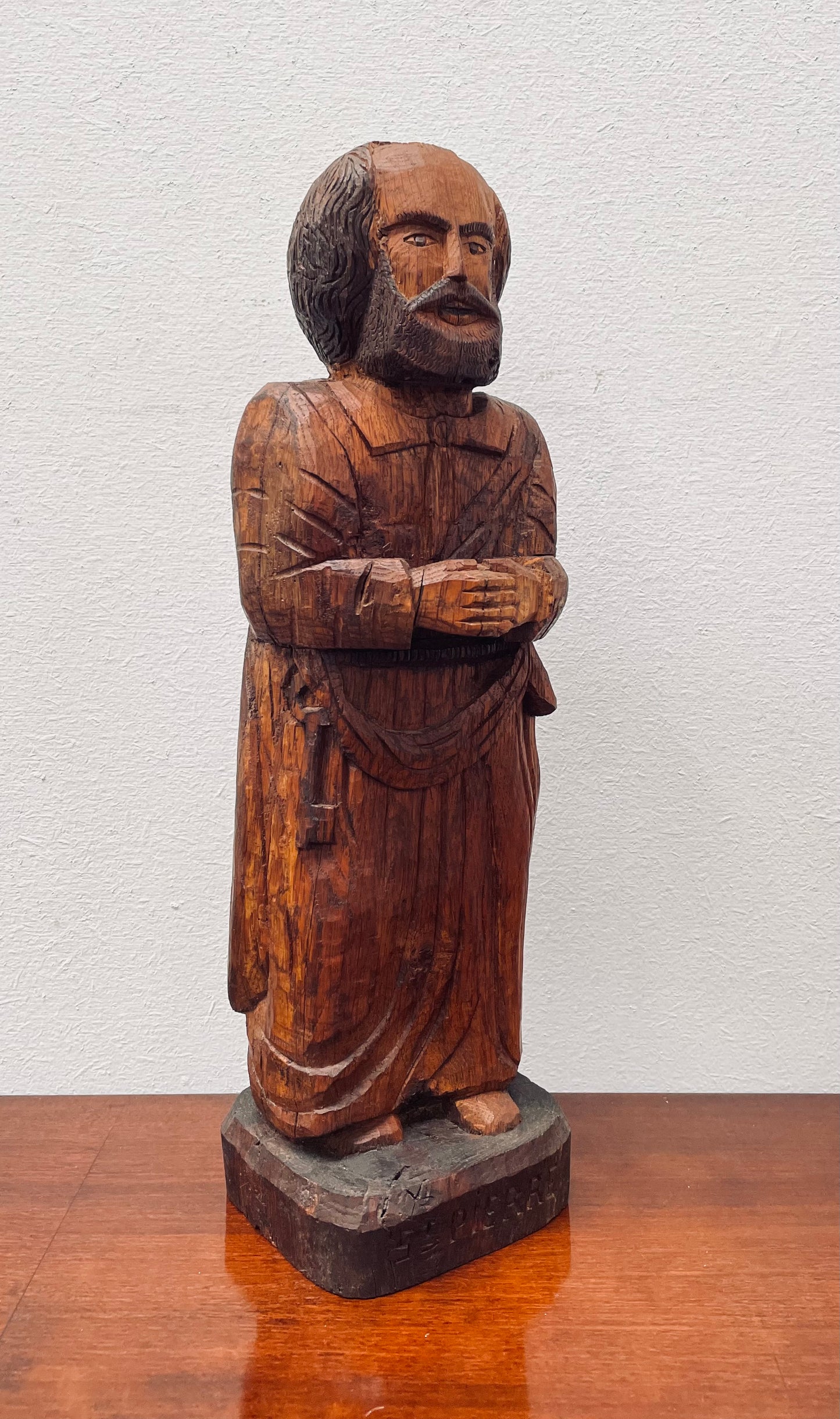 Hand Carved Antique Religious Wooden Statue of St. Pierre