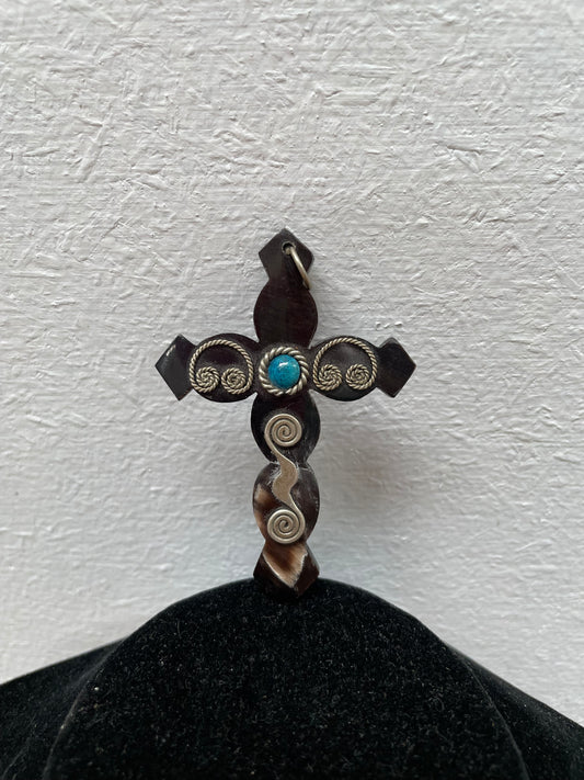 Antique Carved Horn & Silver & Lapis Cross