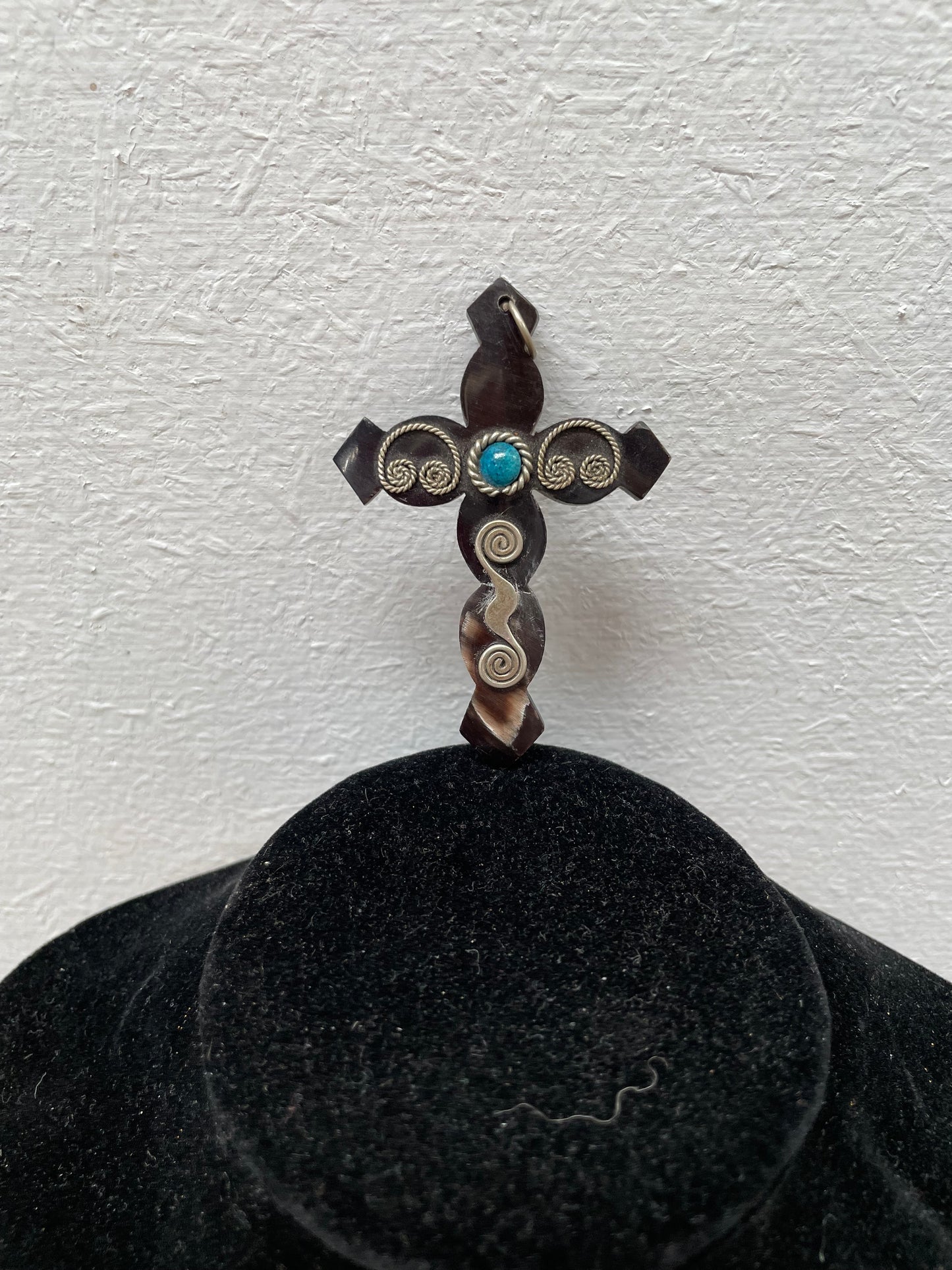 Antique Carved Horn & Silver & Lapis Cross