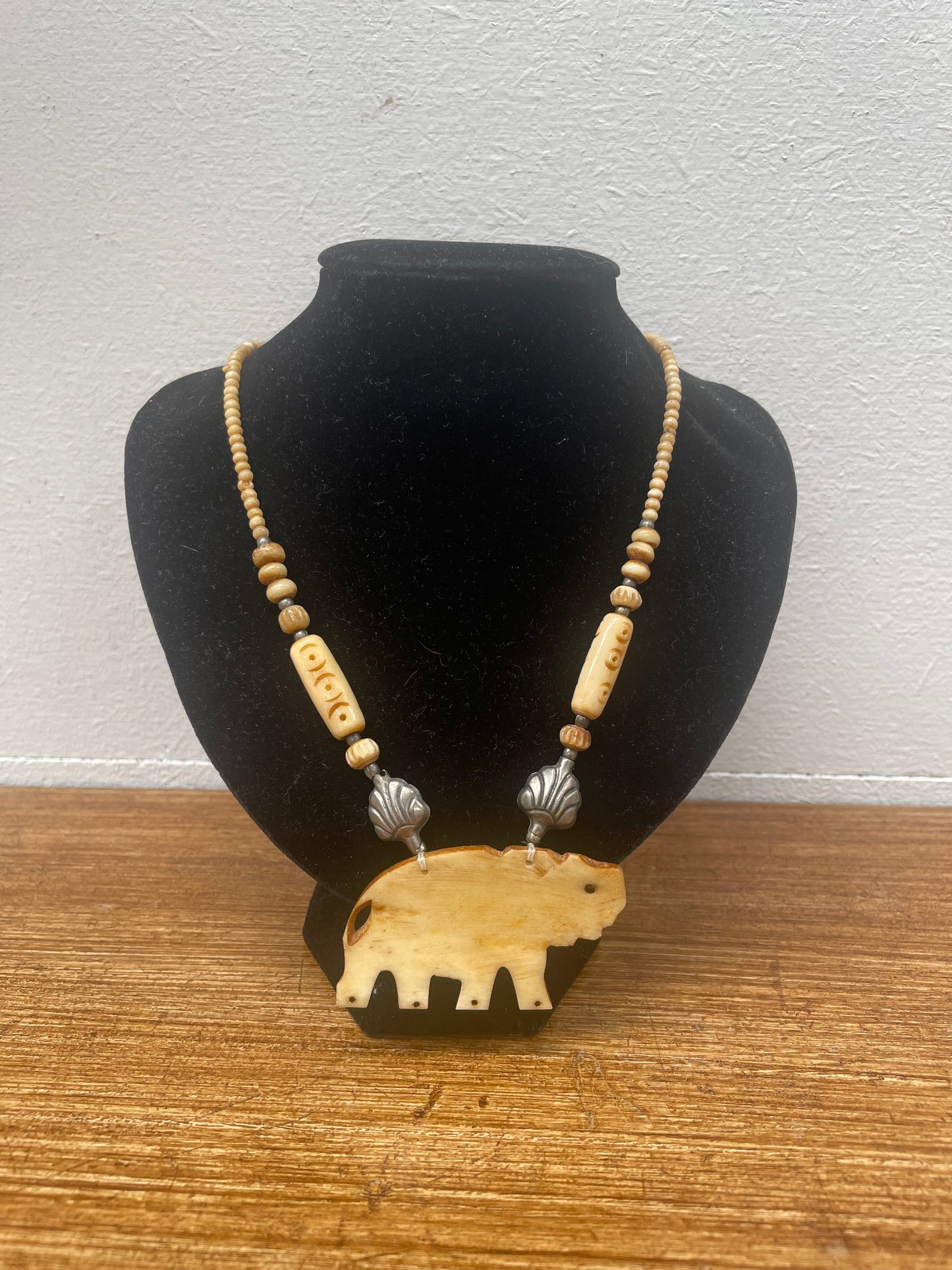 Vintage Bone Elephant & Silver Metal Necklace