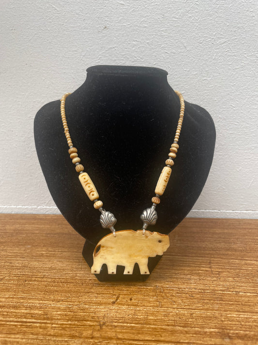 Vintage Bone Elephant & Silver Metal Necklace