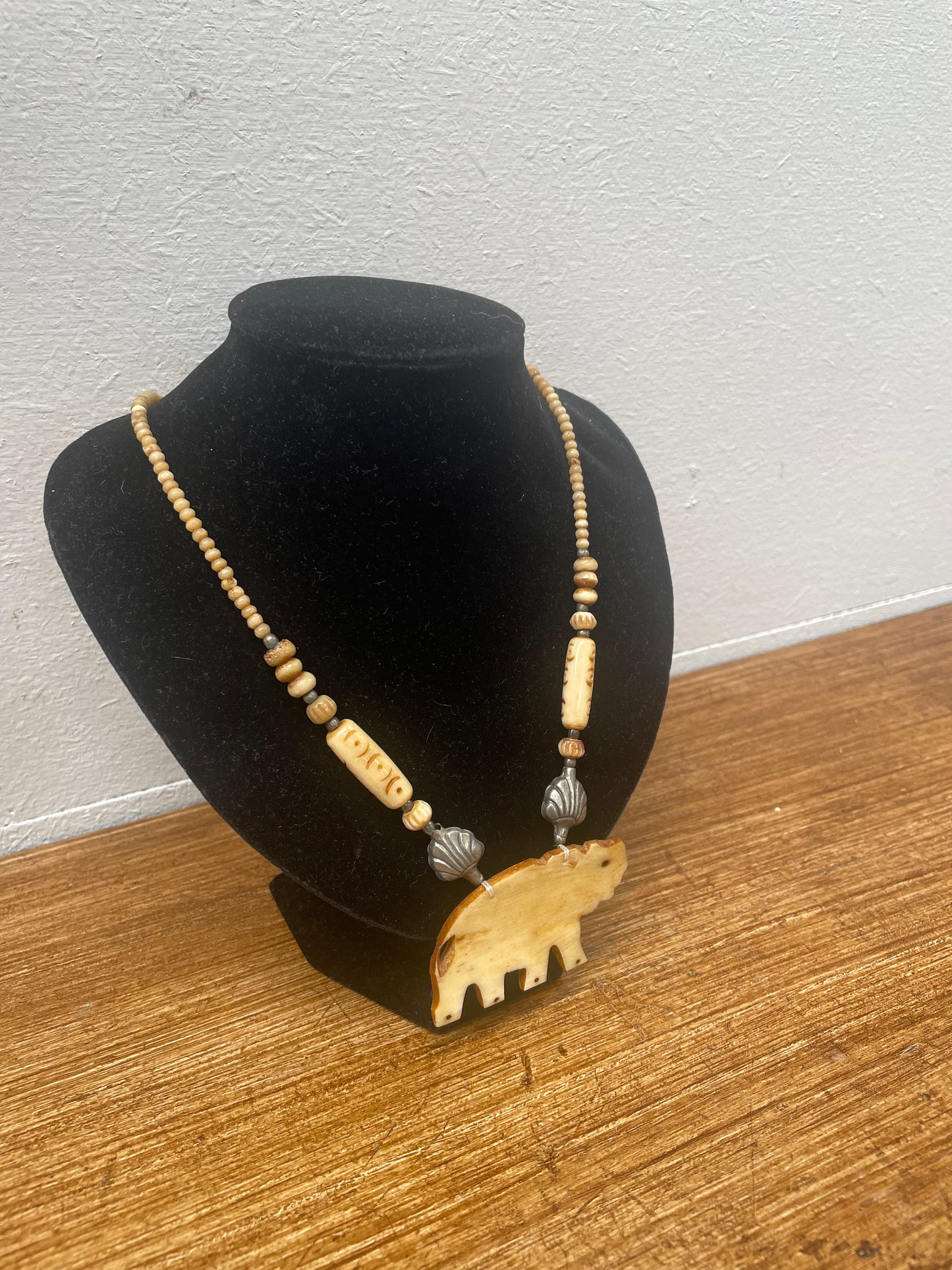 Vintage Bone Elephant & Silver Metal Necklace