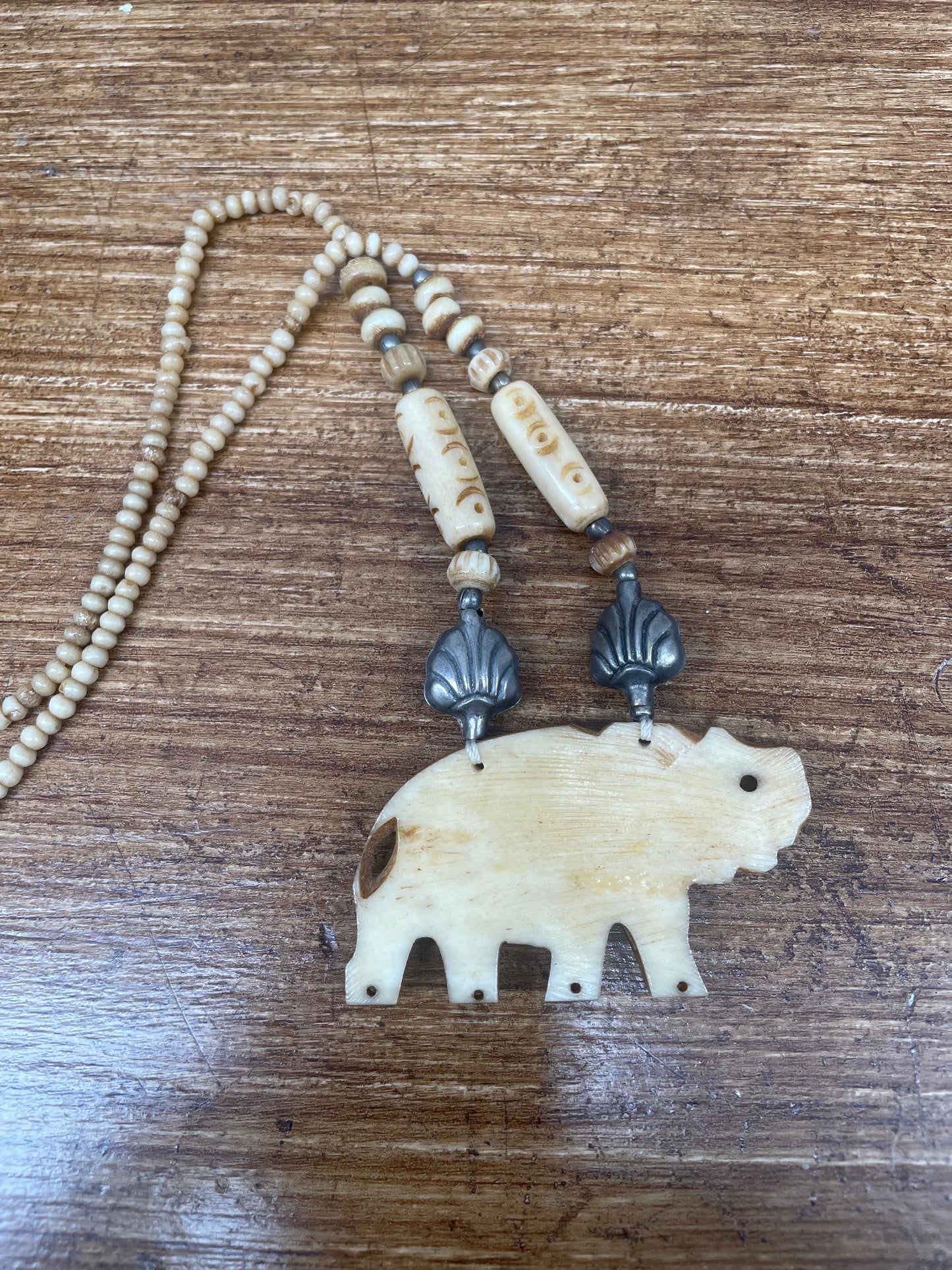 Vintage Bone Elephant & Silver Metal Necklace