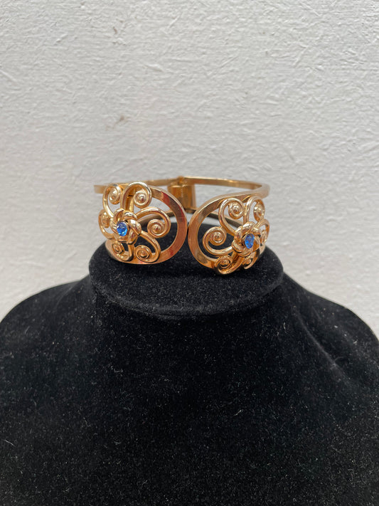 Vintage Gilt Metal Hinged Bracelet With Blue Stone