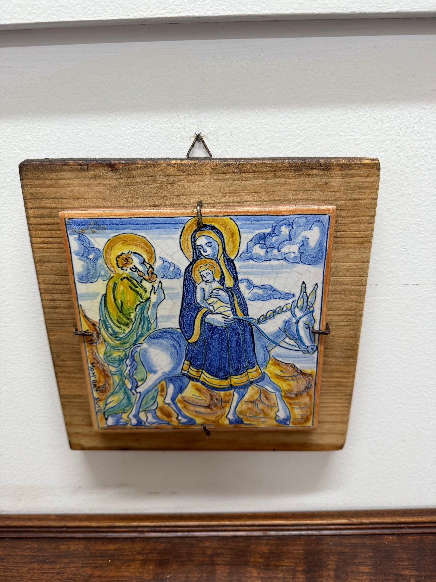 Signed Spanish Majolica Tile On Wood