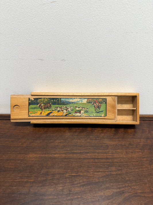 Vintage Oak Wooden Pencil Case with Decal
