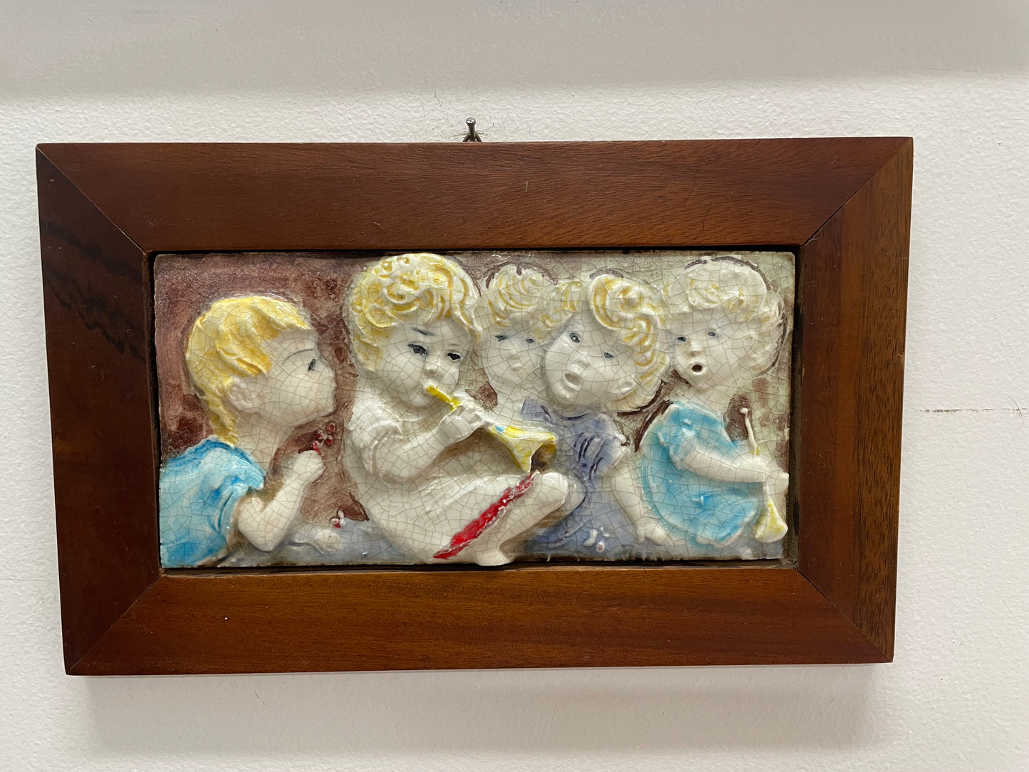 Pair Of Italian Vintage Children Musician Bas Relief Framed Tiles Signed "Terzani"