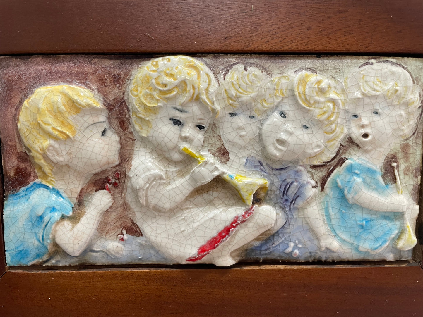 Pair Of Italian Vintage Children Musician Bas Relief Framed Tiles Signed "Terzani"