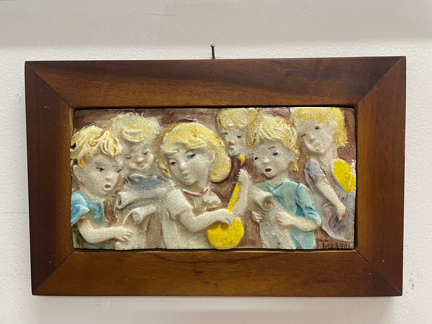 Pair Of Italian Vintage Children Musician Bas Relief Framed Tiles Signed "Terzani"