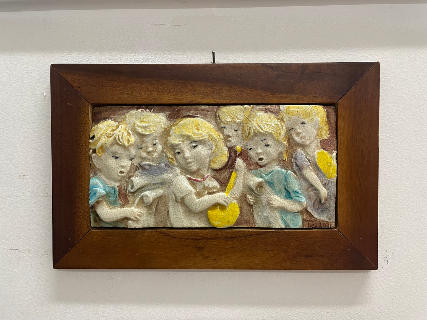 Pair Of Italian Vintage Children Musician Bas Relief Framed Tiles Signed "Terzani"