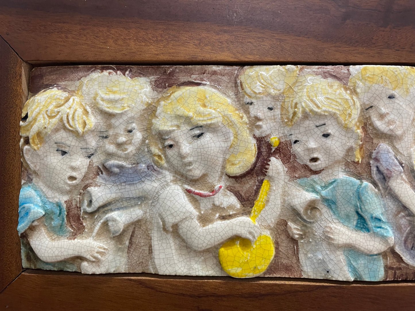 Pair Of Italian Vintage Children Musician Bas Relief Framed Tiles Signed "Terzani"