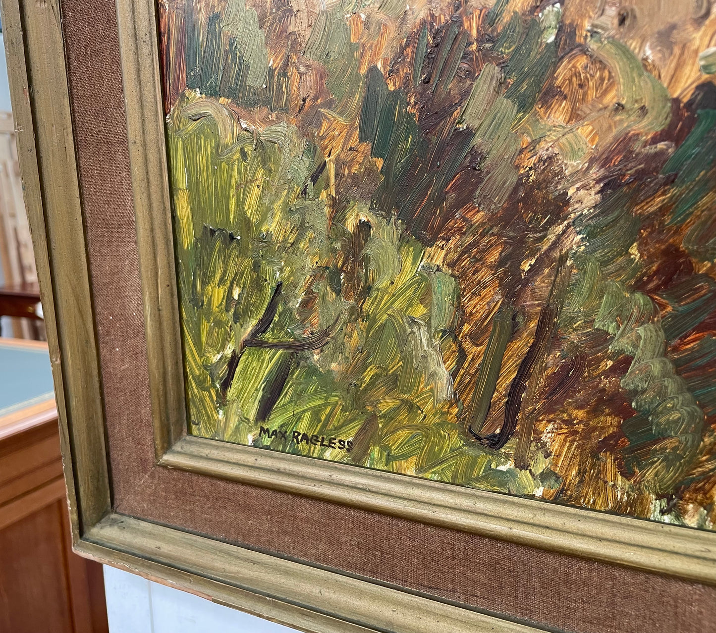 Australian landscape oil on board painting by Max Ragless (1901- 1981). In good original detailed condition and framed making it ready to hang.