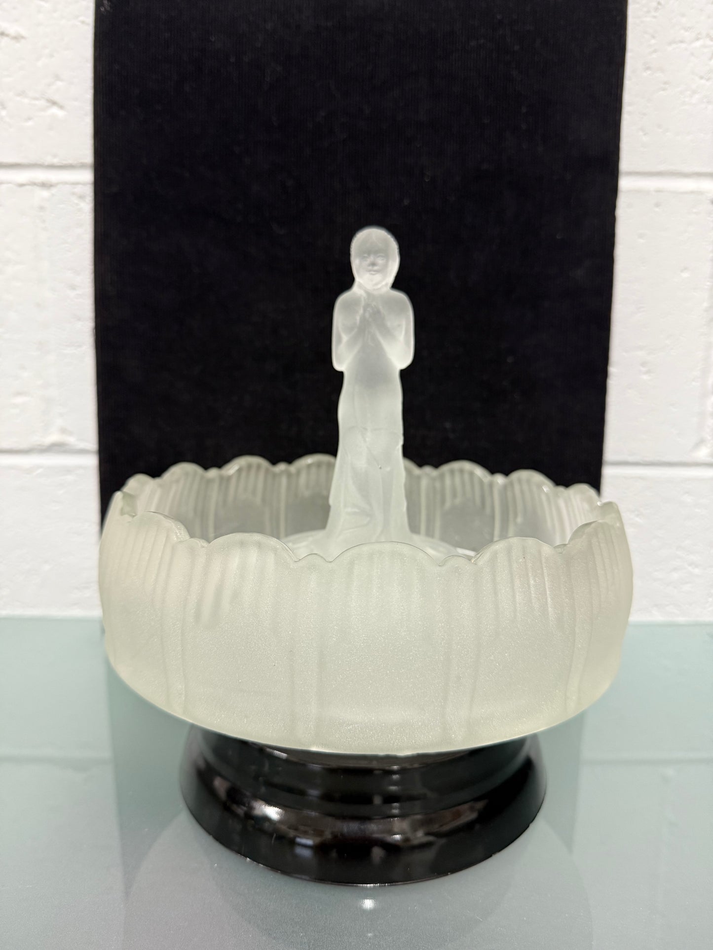 Art Deco Frosted Float Vase With Standing Lady On Black Base