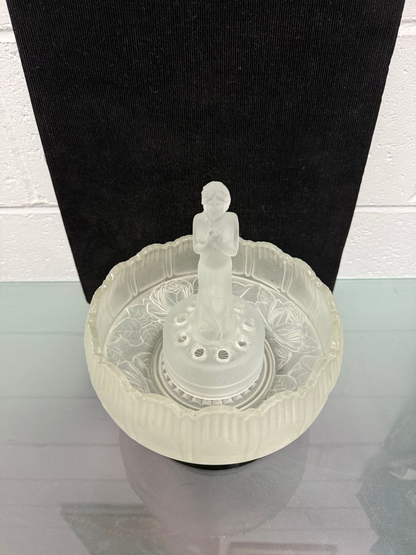 Art Deco Frosted Float Vase With Standing Lady On Black Base