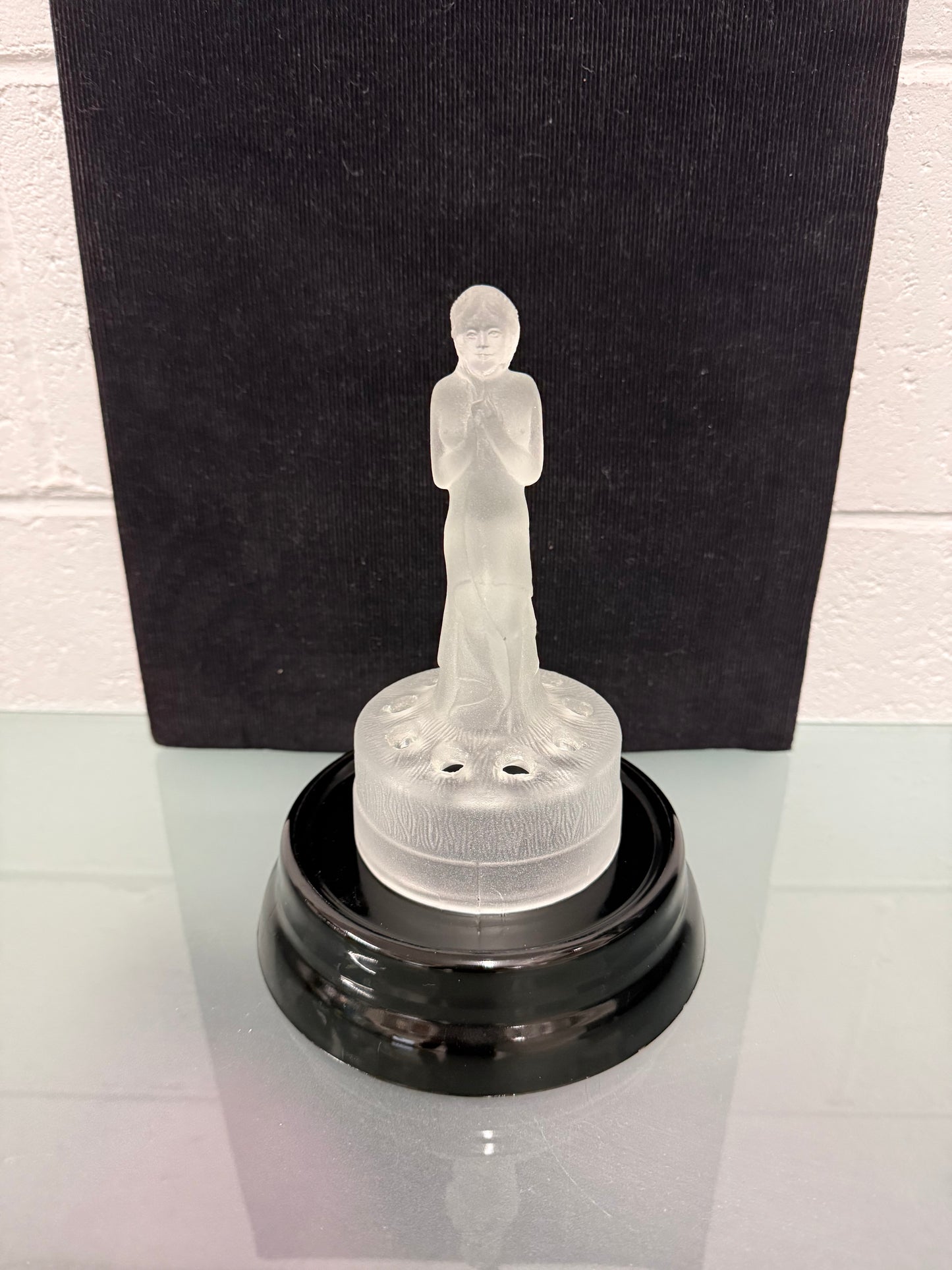 Art Deco Frosted Float Vase With Standing Lady On Black Base