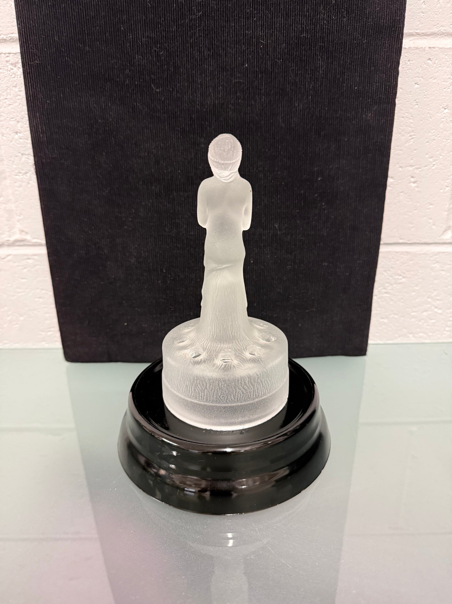 Art Deco Frosted Float Vase With Standing Lady On Black Base