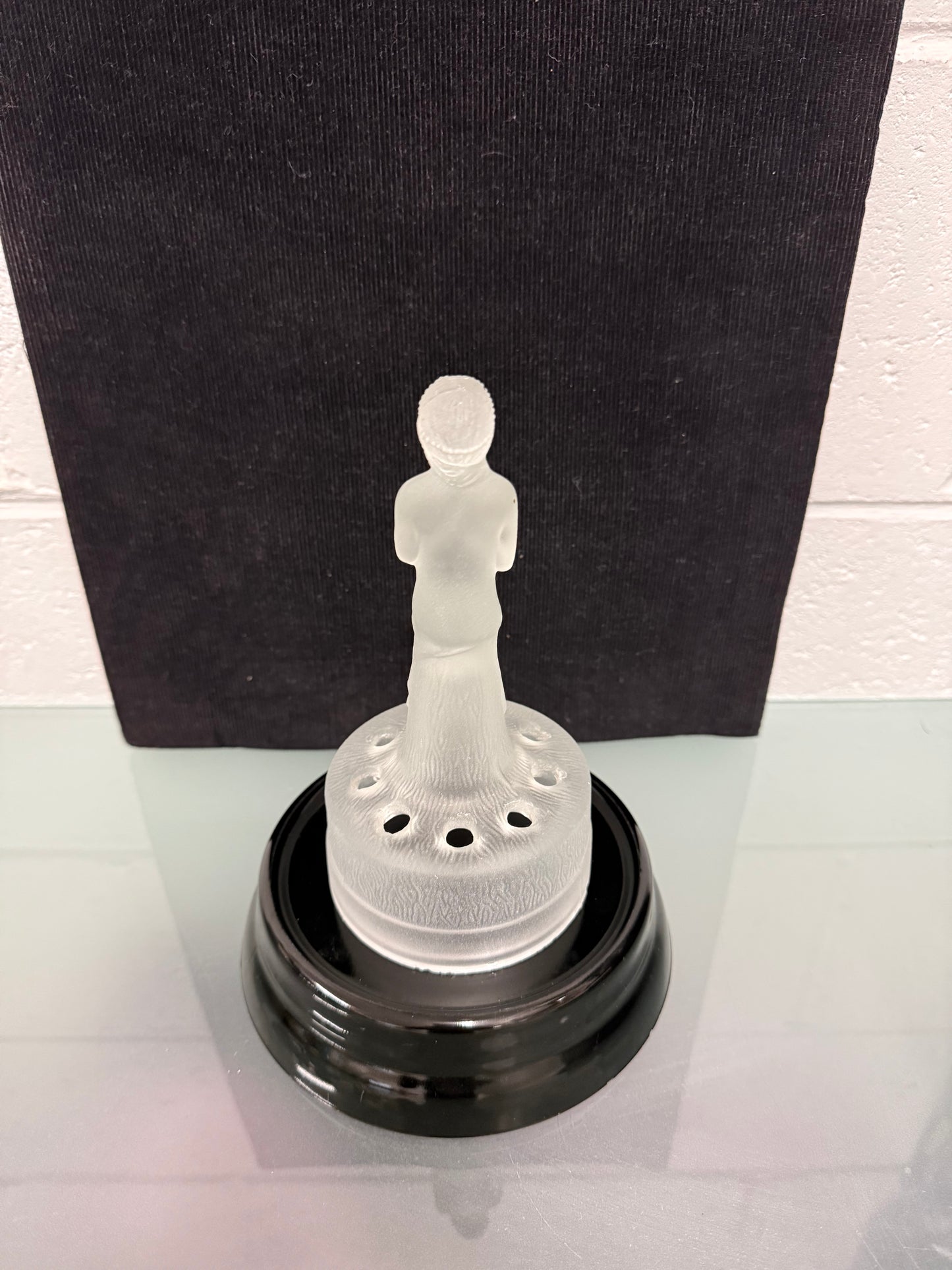 Art Deco Frosted Float Vase With Standing Lady On Black Base