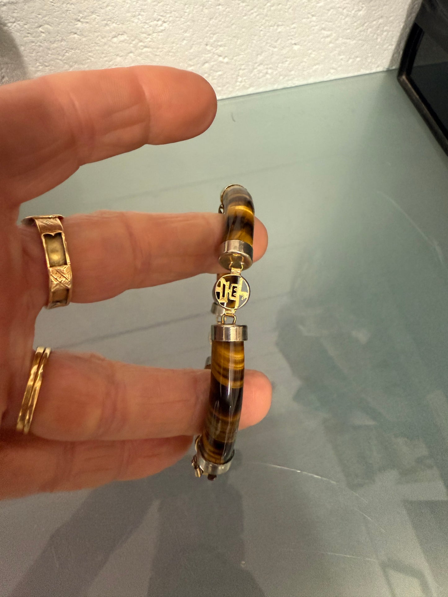 Vintage Natural Tiger Eye & Gilt Chinese Symbols Bracelet