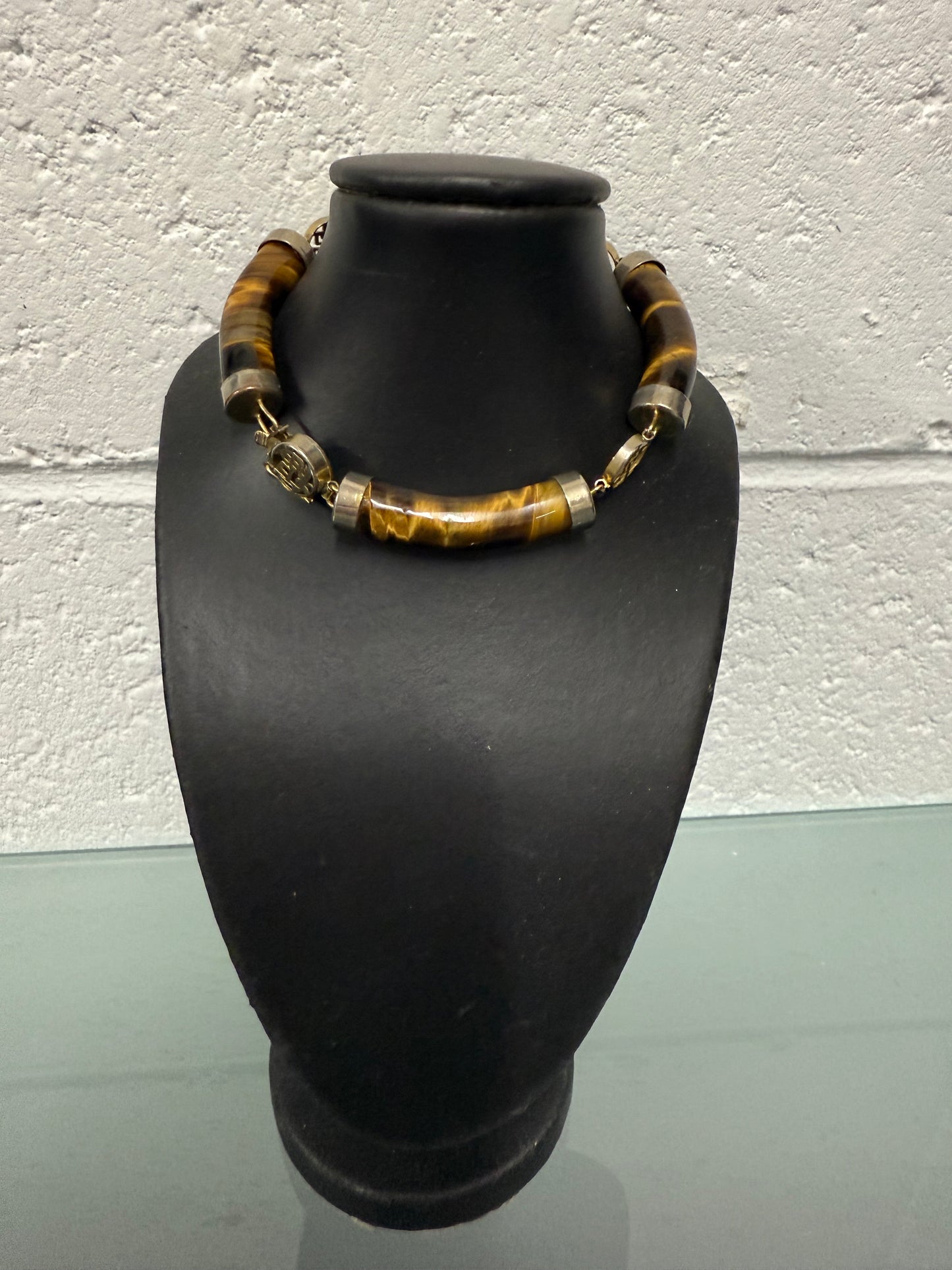 Vintage Natural Tiger Eye & Gilt Chinese Symbols Bracelet