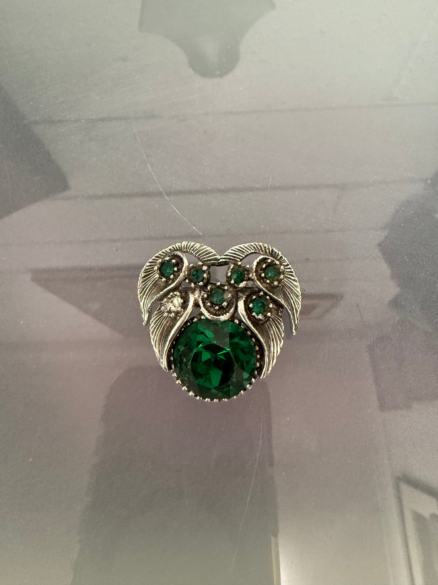 Vintage White Metal & Green Glass Brooch