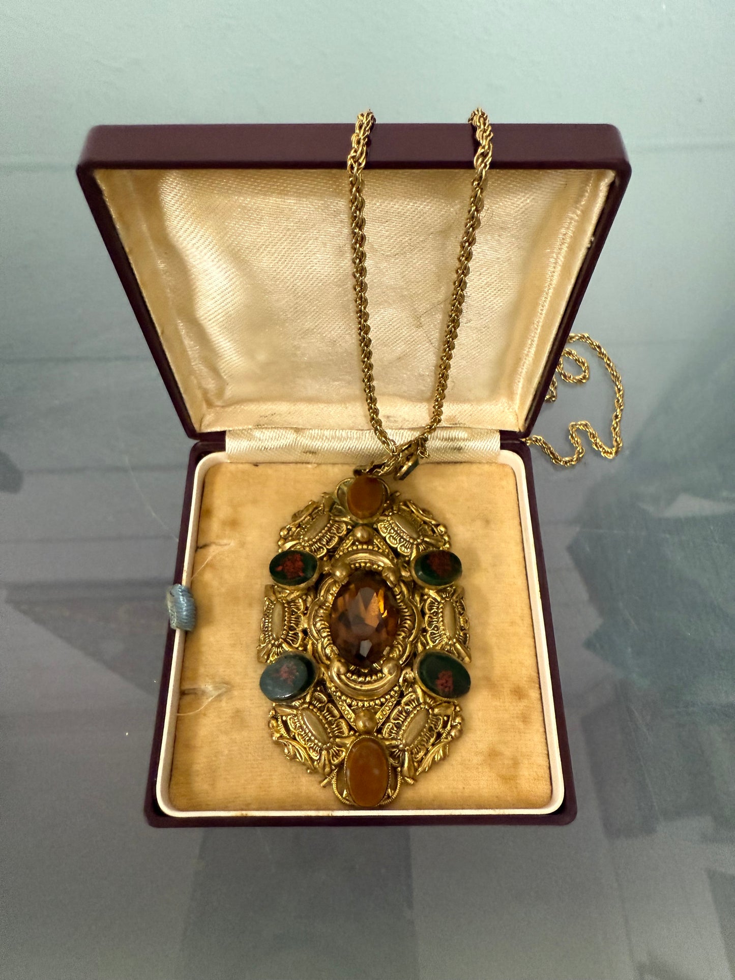 Stunning Vintage Czech Multi Stone Pendant & Chain