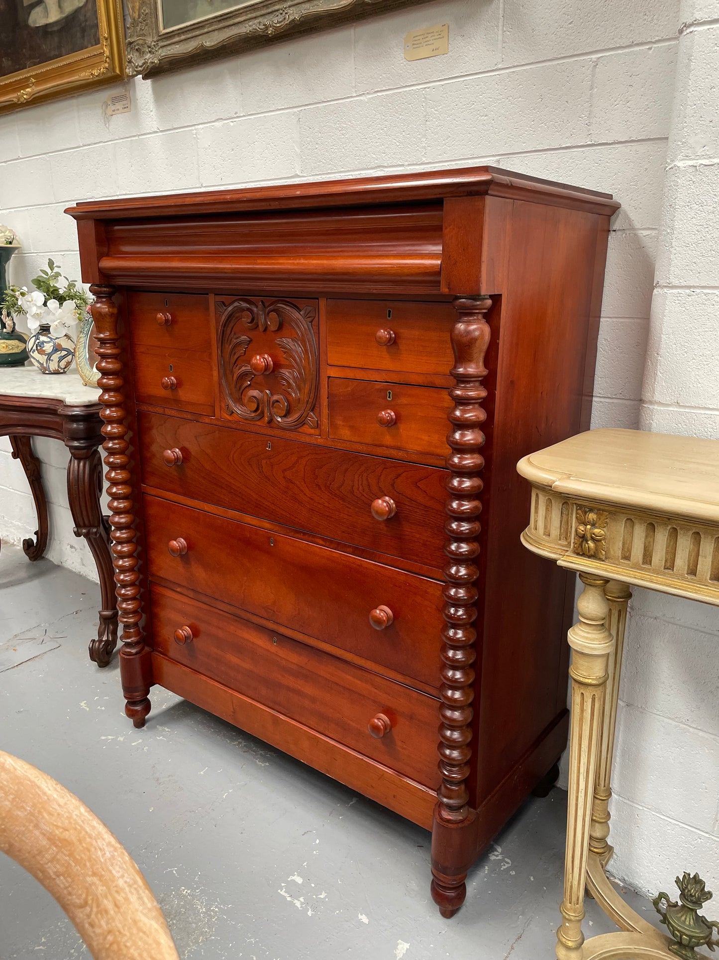 Victorian Cedar chest of drawers with decorative <span data-mce-fragment="1">twist columns and </span>carvings. It consists of eight drawers so plenty of storage