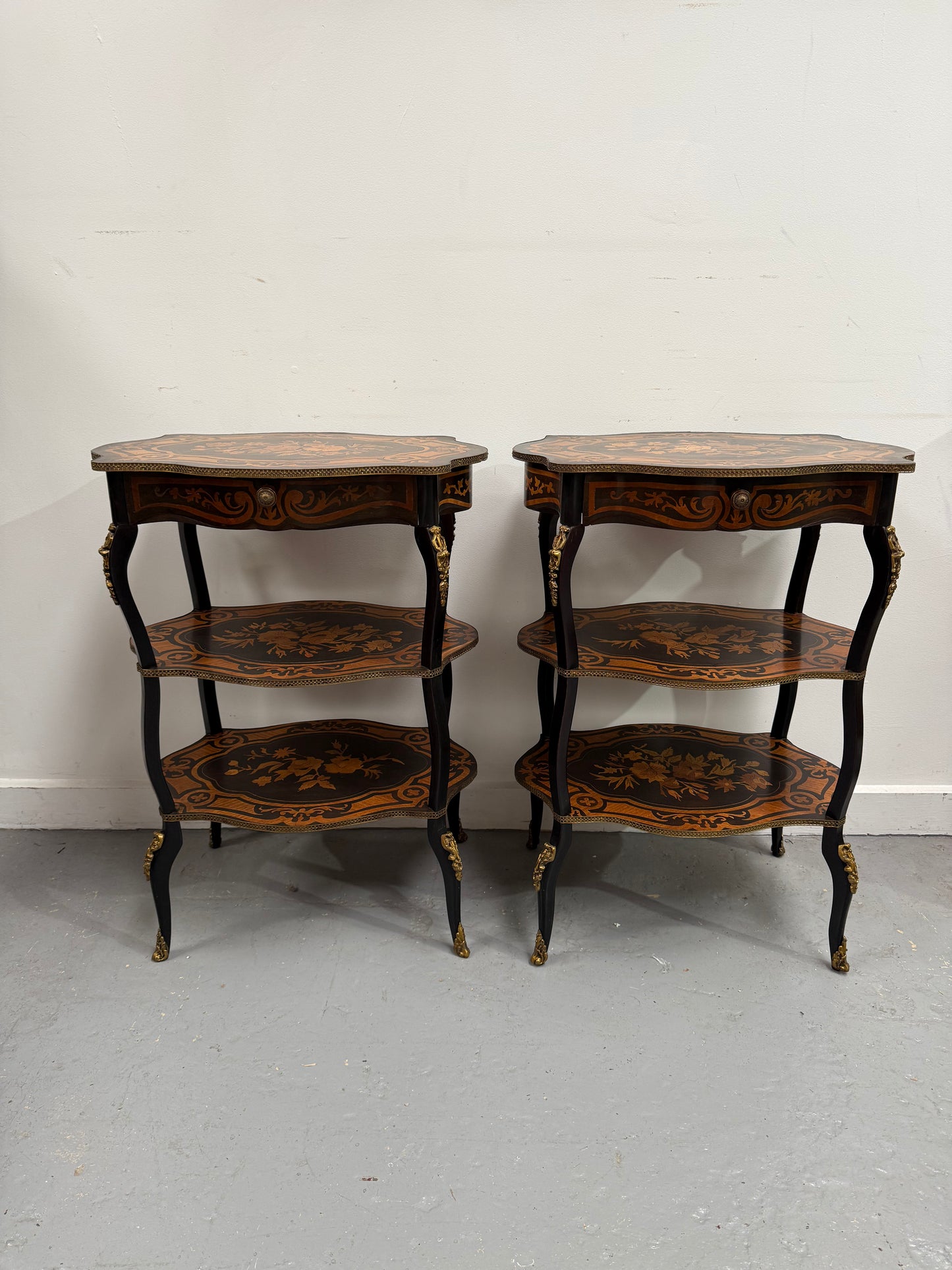 Pair of Late 19th Century Ebonised & Marquetry Three Tier Etageres