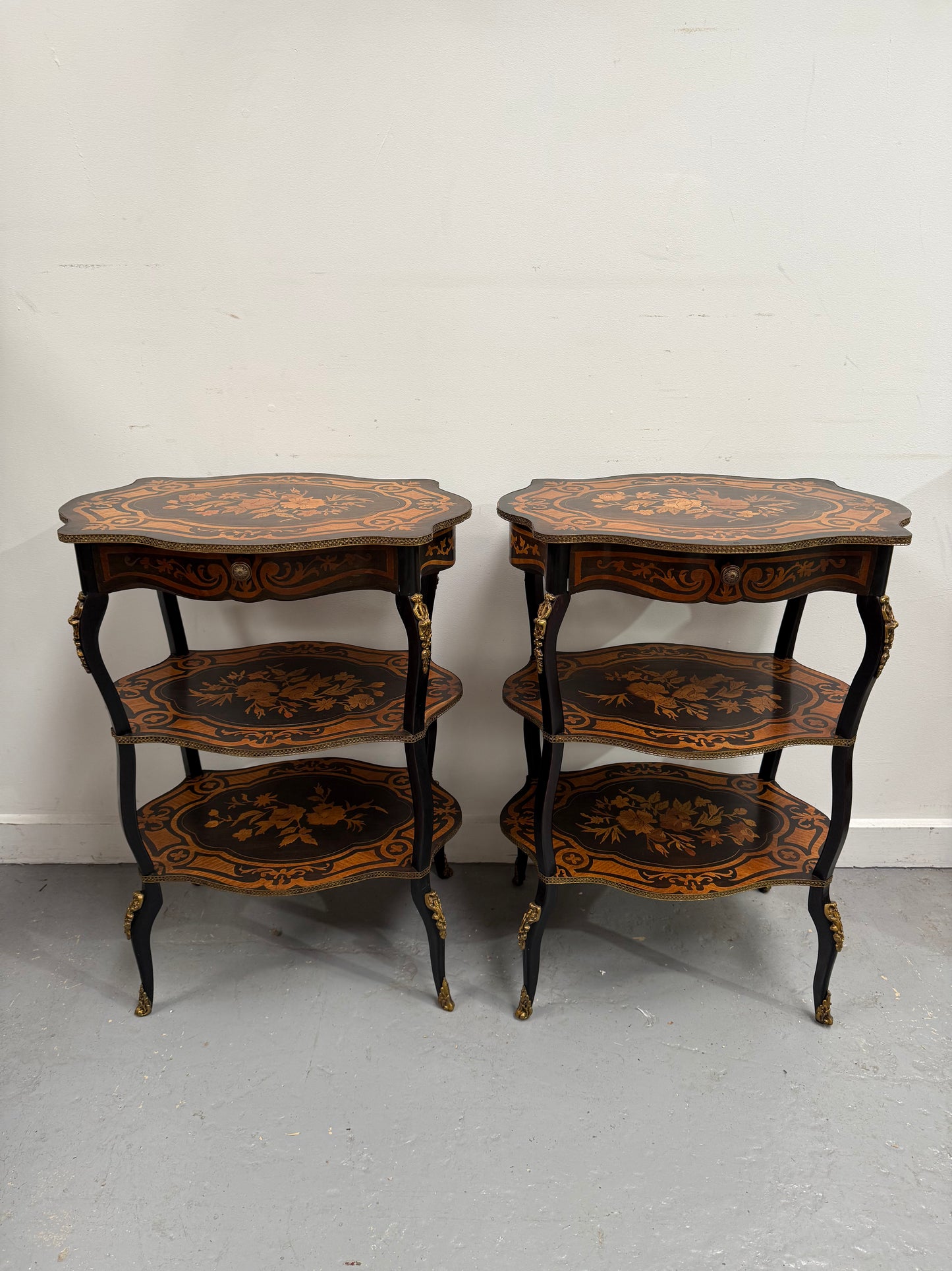 Pair of Late 19th Century Ebonised & Marquetry Three Tier Etageres