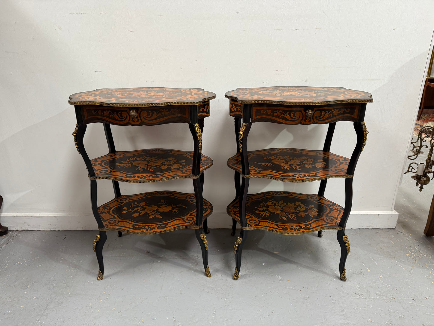Pair of Late 19th Century Ebonised & Marquetry Three Tier Etageres