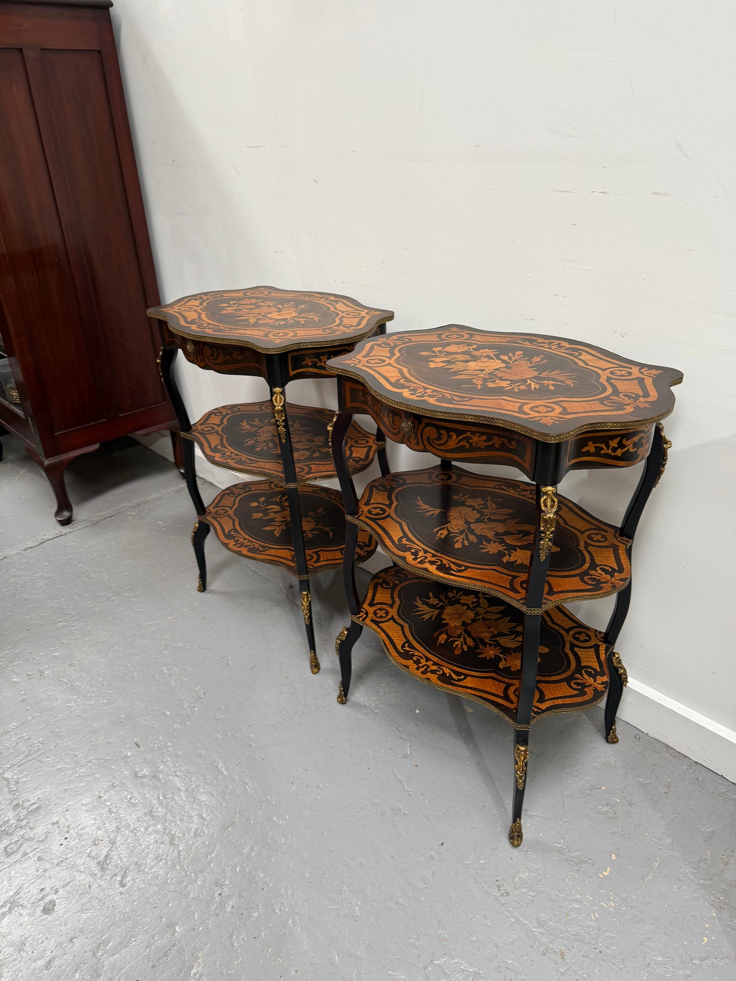 Pair of Late 19th Century Ebonised & Marquetry Three Tier Etageres