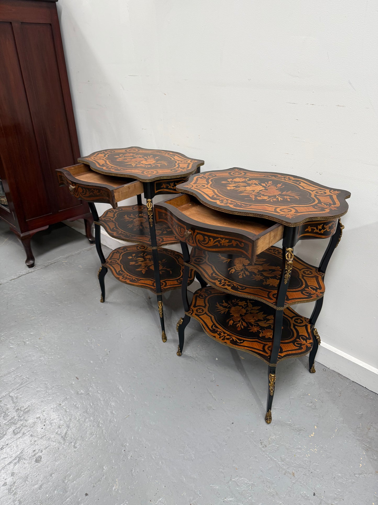 Pair of Late 19th Century Ebonised & Marquetry Three Tier Etageres