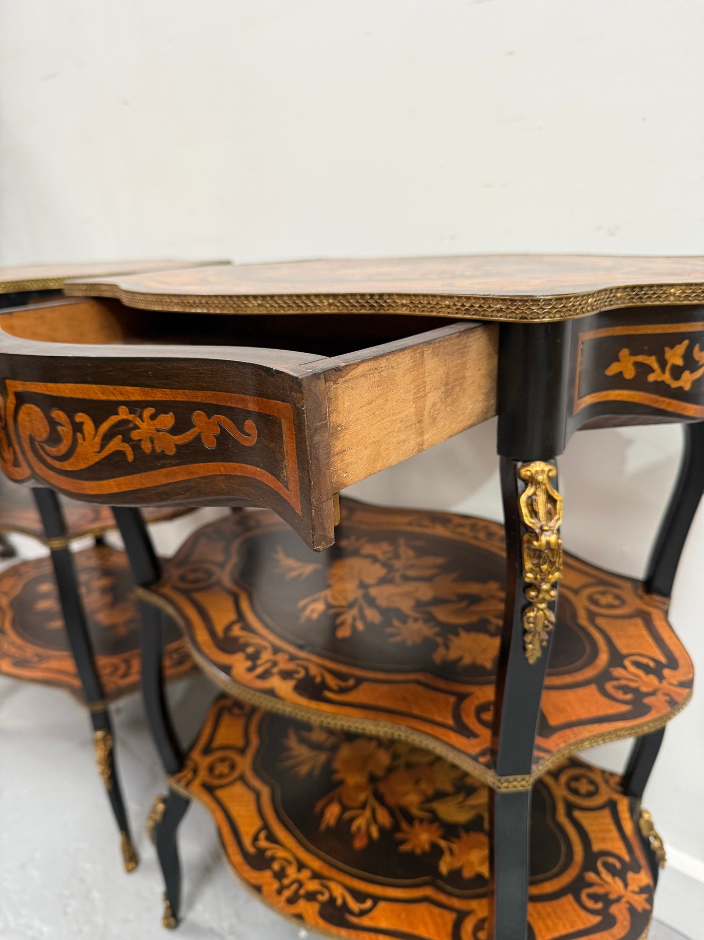 Pair of Late 19th Century Ebonised & Marquetry Three Tier Etageres